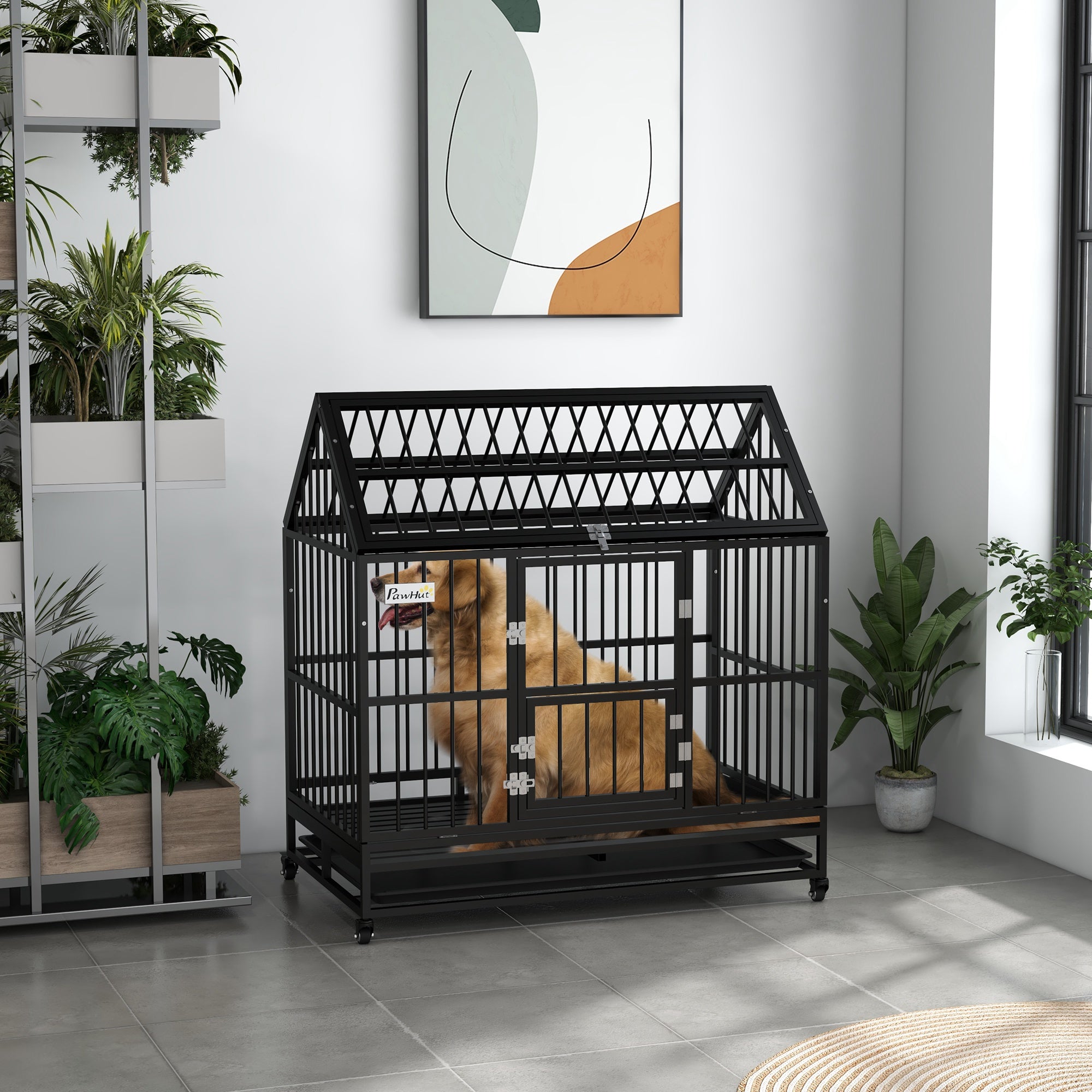 Cage pour chien robuste de 49" avec bac amovible, portes et toit ouvrable, pour chiens grands et très grands, noir