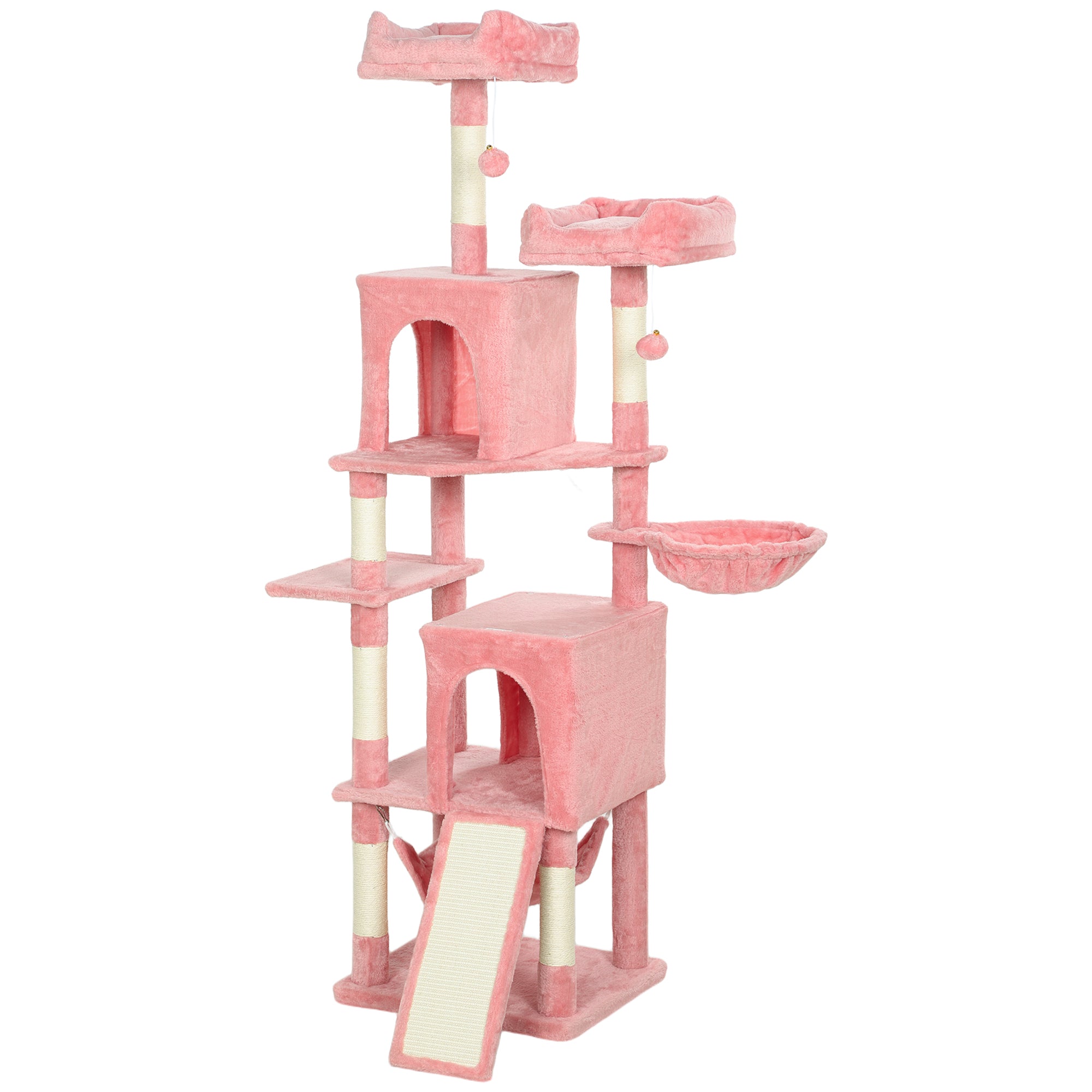 Cat Tree, 70" Multi-Level Cat Tower with 2 Condos, 2 Perches, Hammock, Toy Balls, Scratching Posts and Board, Pink
