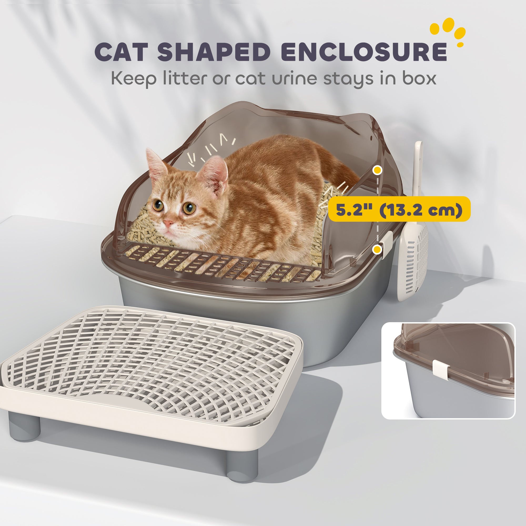 Stainless Steel Cat Litter Box with High Sided Enclosure, Step, Scoop, Non-Sticky & Anti-Urine Leakage, Easy Cleaning