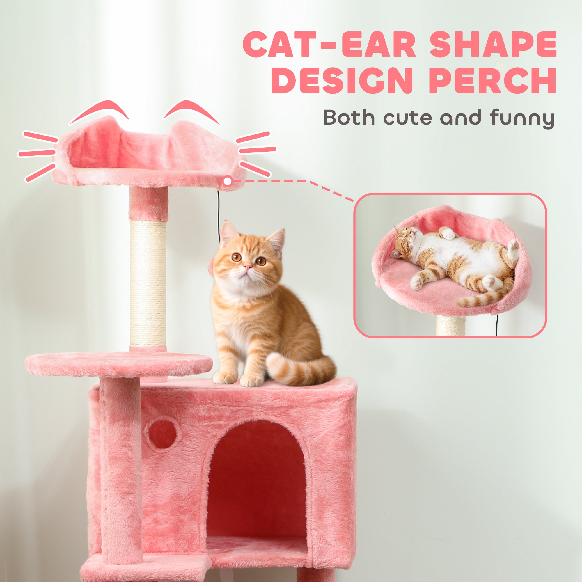 63 Inch Cat Tree with Sisal Scratching Posts, Condos, Plush Perches, Hammock, Ladder, Dangling Balls, Pink