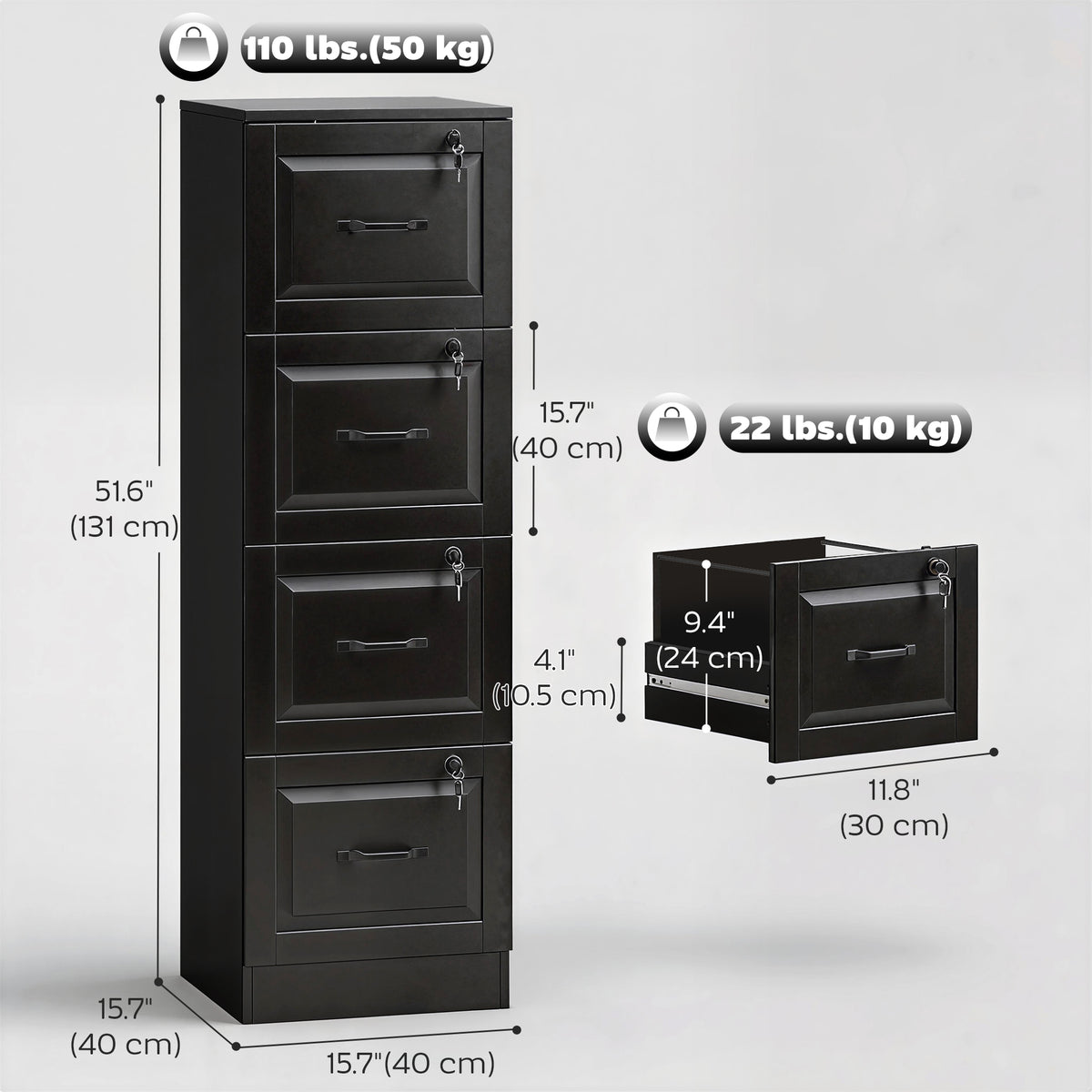 4-Drawer Vertical File Cabinet with Lock - Black MDF 52" H