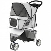 3 Wheels Foldable Dog Stroller with Storage Basket, Adjustable Canopy, Cupholder for Miniature and Small Dogs, Grey