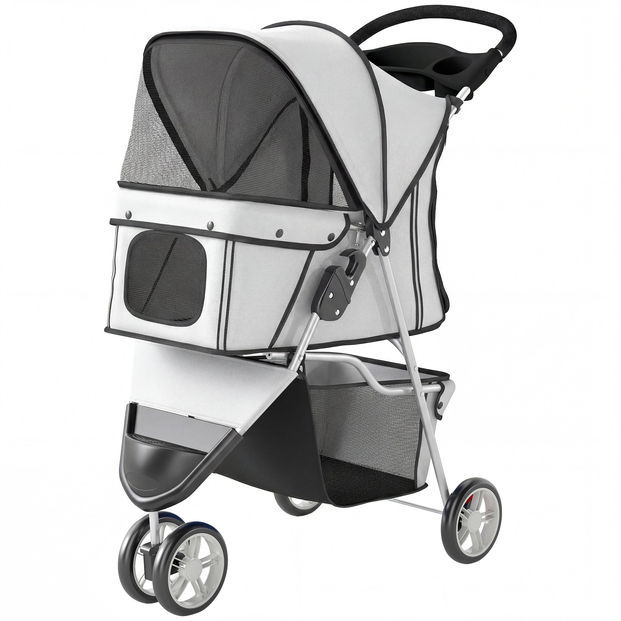 3 Wheels Foldable Dog Stroller with Storage Basket, Adjustable Canopy, Cupholder for Miniature and Small Dogs, Grey