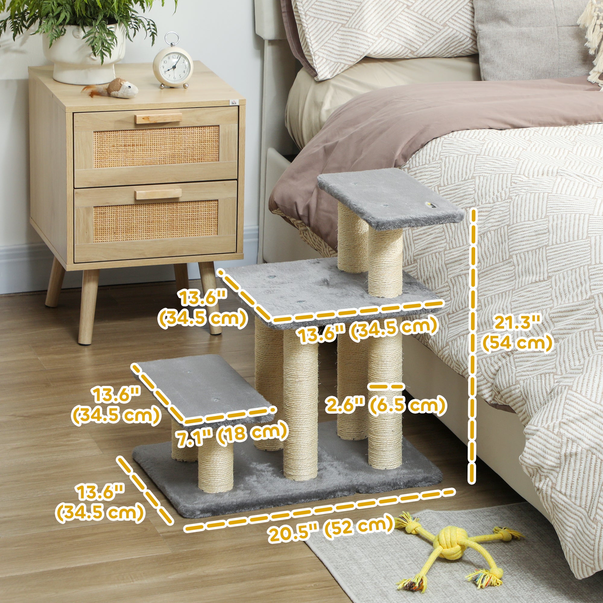 Cat Stairs with 2 Sisal Scratching Post for High Bed Couch, Adjustable 3-Tier Pet Stairs, White & Grey