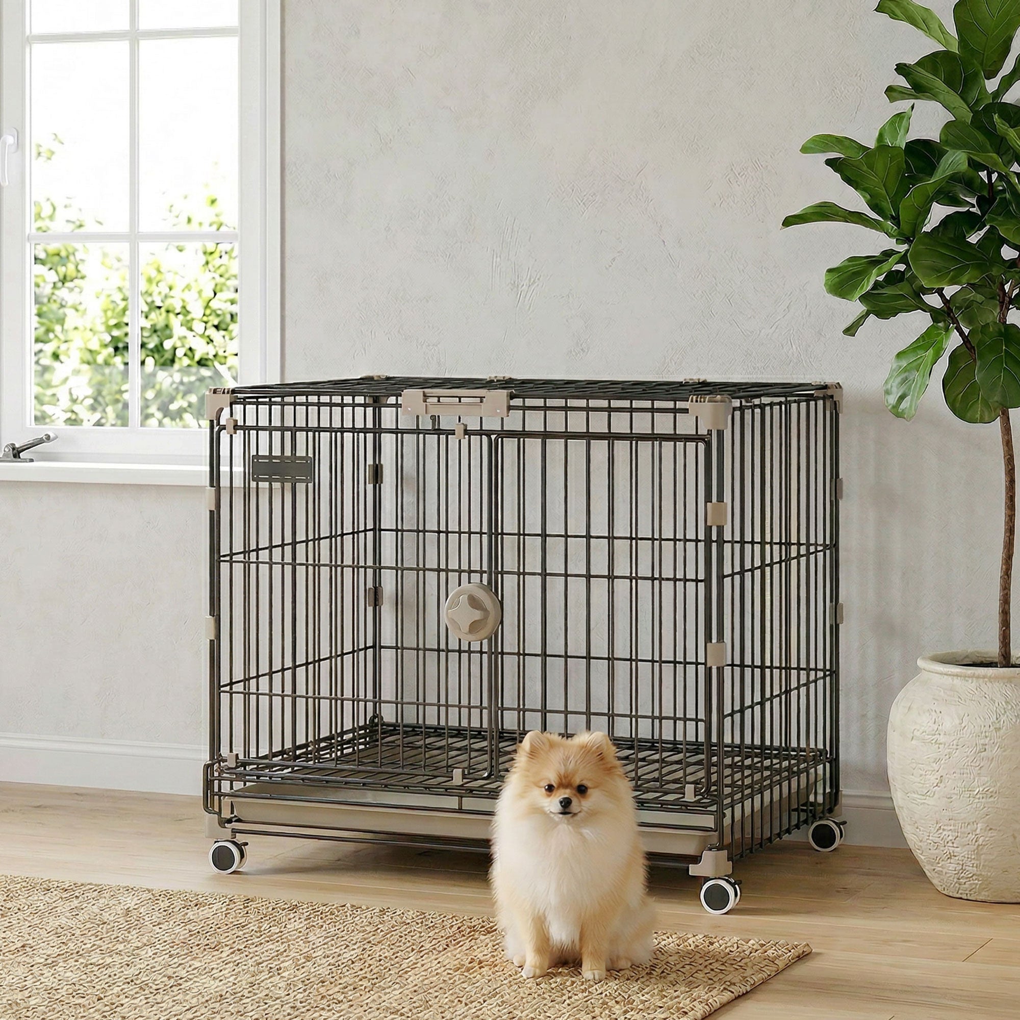 Dog Crate, 24 Inch Metal Dog Cage with Removable Tray, Lockable Wheels, 2 Doors for Small Breeds, Black