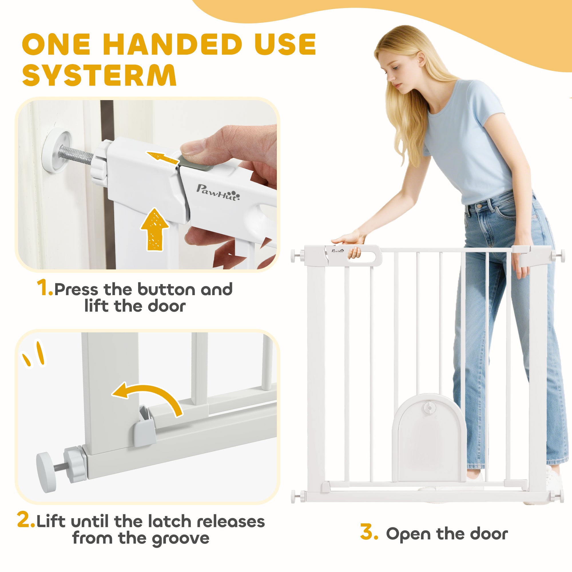 Barrière pour animaux extra-large de 30 à 32 pouces avec petite porte, barrière pour chiens de 30 pouces de hauteur avec dispositif de sécurité, fixation par pression pour escaliers, blanche
