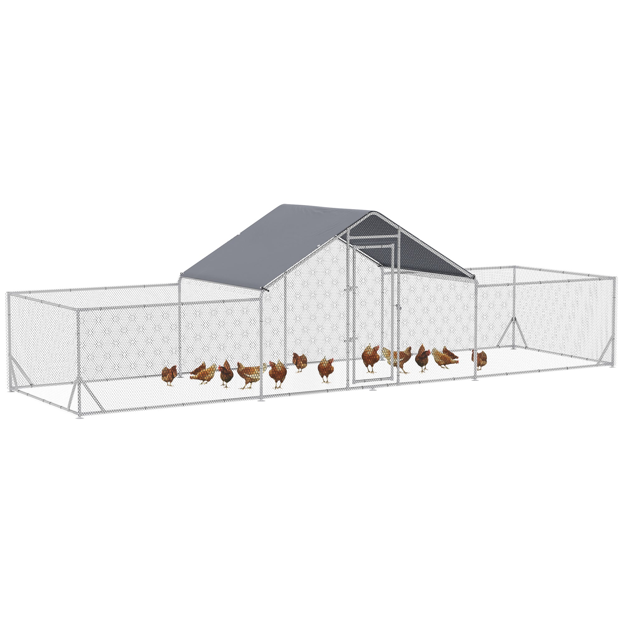 Poulailler, 23' x 6.6' en métal avec couverture imperméable et anti-UV, toit en pointe, porte, pour 12 à 14 poules, canards et lapins, argenté