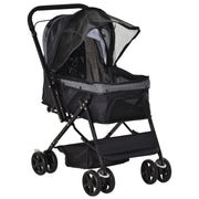 Foldable Cat Dog Travel Carriage, 4 Wheels Pet Stroller with EVA Wheel Brake, 3-stage Canopy, Mesh Window Door, Black