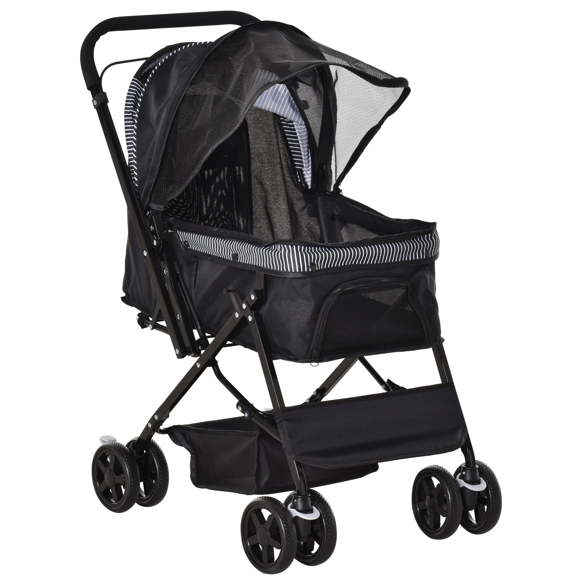 Foldable Cat Dog Travel Carriage, 4 Wheels Pet Stroller with EVA Wheel Brake, 3-stage Canopy, Mesh Window Door, Black