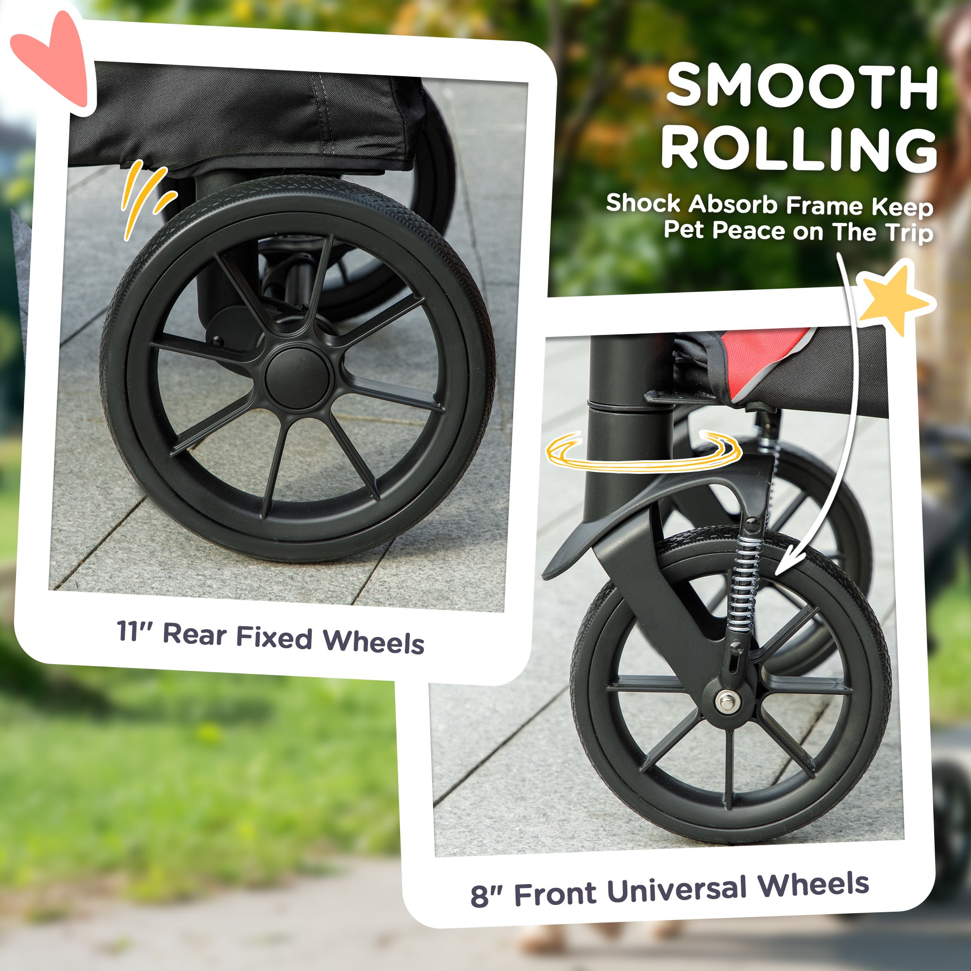 Foldable Pet Stroller for Medium Dogs with Four Big Wheels, Shock-Absorbing Frame, Safety Leashes, Brakes, Black
