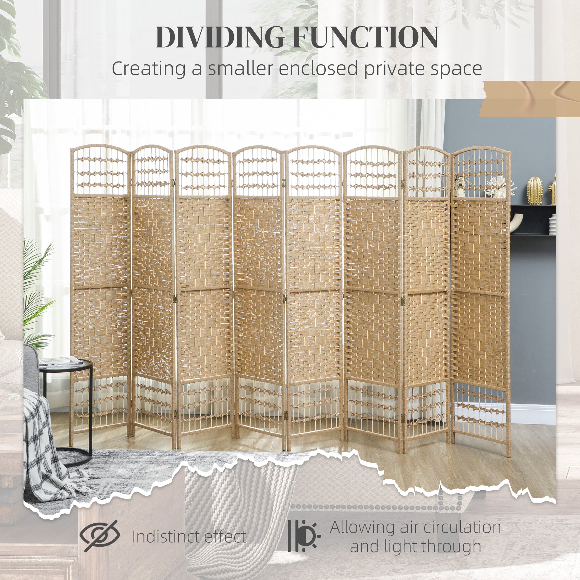 8 Panel Folding Room Divider, Portable Privacy Screen, Wave Fiber Room Partition for Home Office, Natural