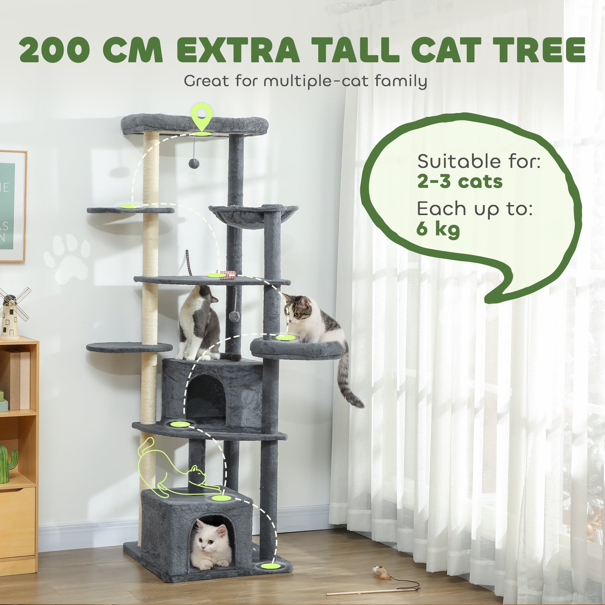 79" Extra Tall Cat Tree with Scratching Posts, Perches, Caves, Hammock, Pompoms, for 2-3 Indoor Cats, Dark Grey
