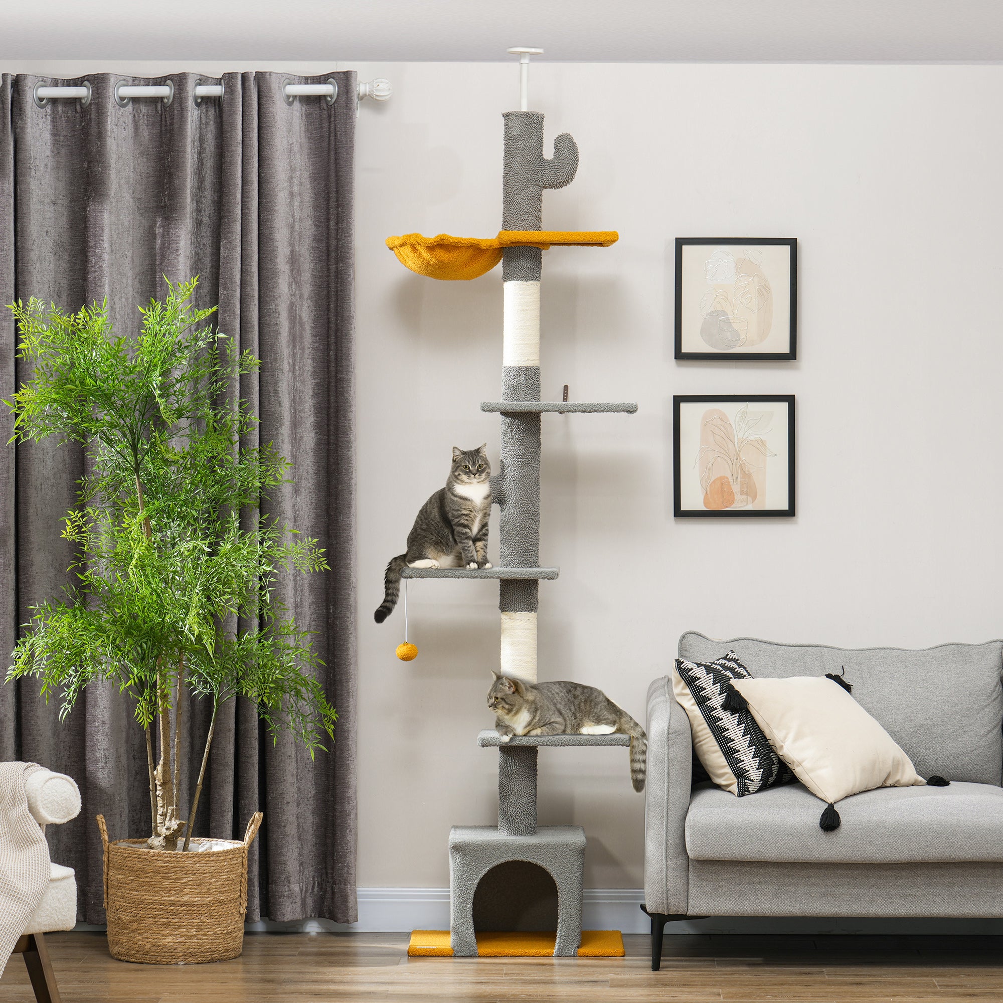 Floor to Ceiling Cat TreeTower with 90.5"-108" Adjustable Height, Scratching Posts, Hammock, Comdo, Toy Ball, Light Grey