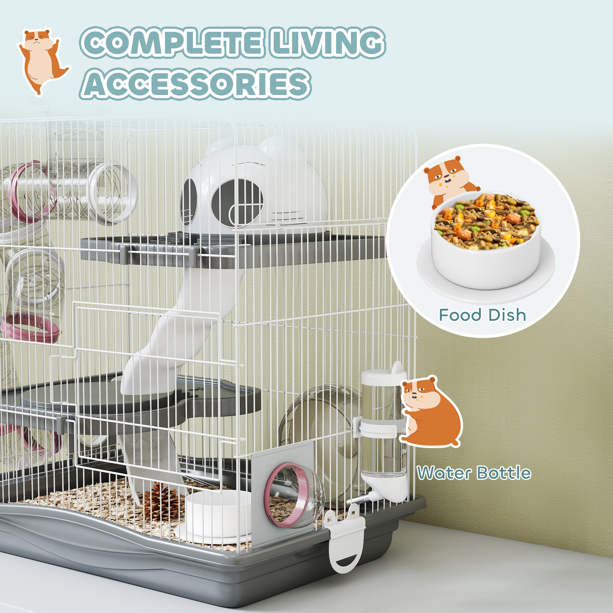 3-Tier Hamster Cage, Portable Gerbil Cage with Exercise Wheels, Water Bottle, Food Dish, for Dwarf Hamsters, Mouse, Grey