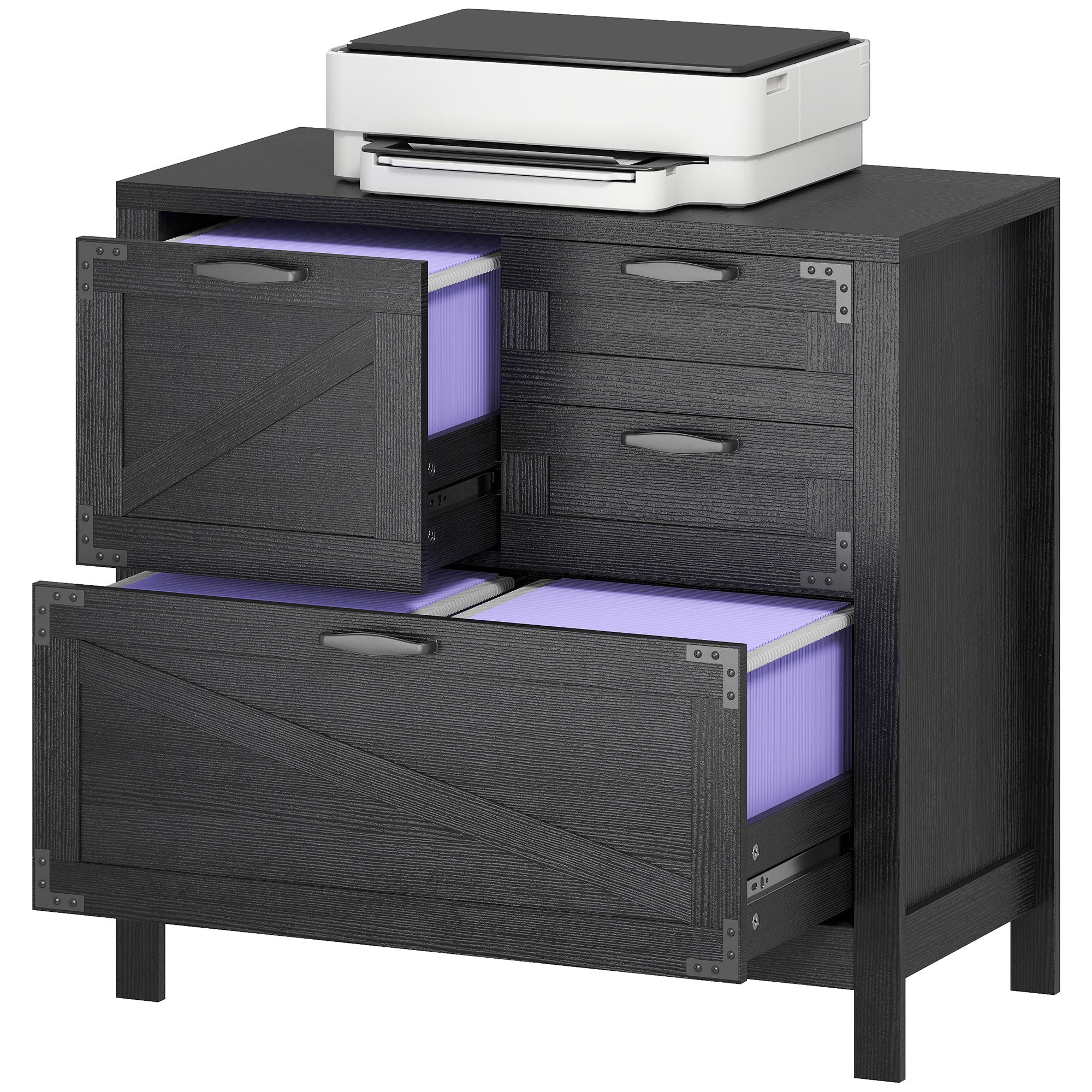 Farmhouse Lateral Filing Cabinet - 4 Drawers Black Wood Grain