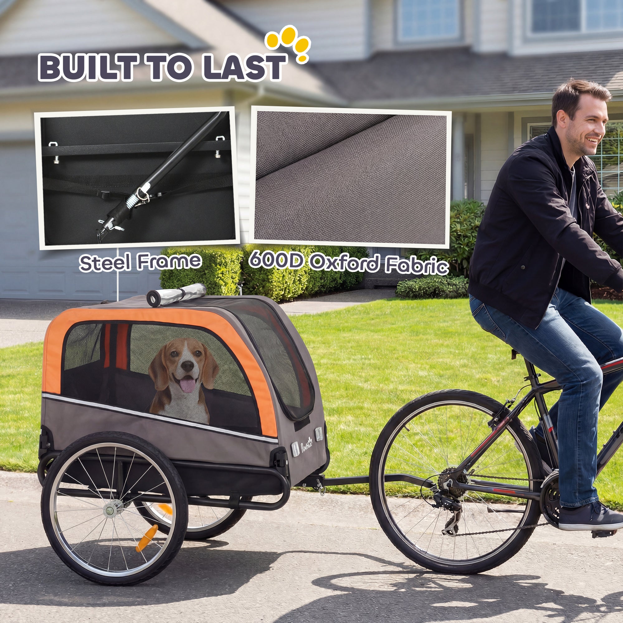 Dog Bike Trailer, Pet Cart Wagon Cart Carrier Attachment for Travel with 2 Doors, Large Wheels, Safety Flag
