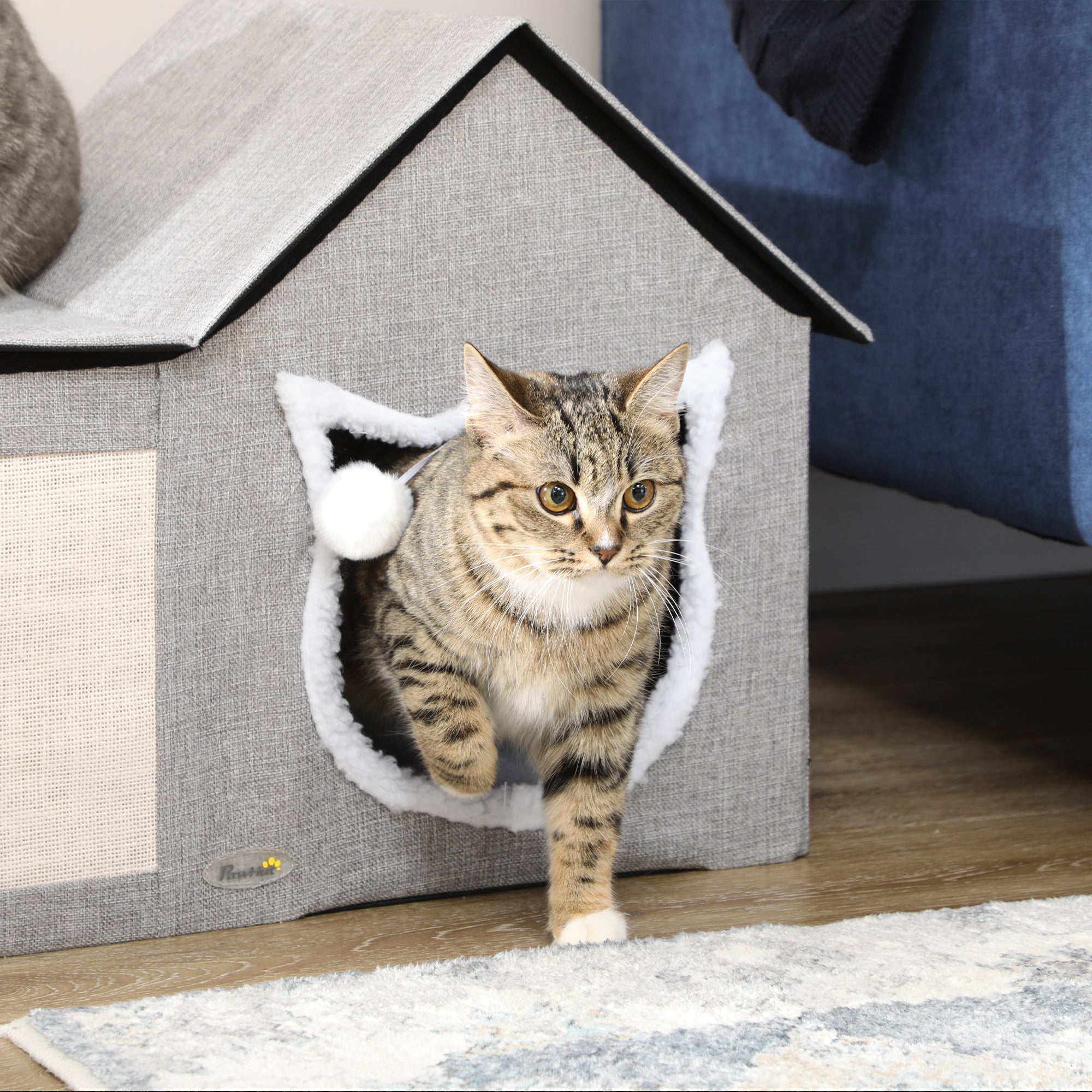 Large Cat Bed for Indoor, Cat House Hideaway with Soft Cushion, Scratching Pad, Dangling Ball, Dual Entrances, Grey