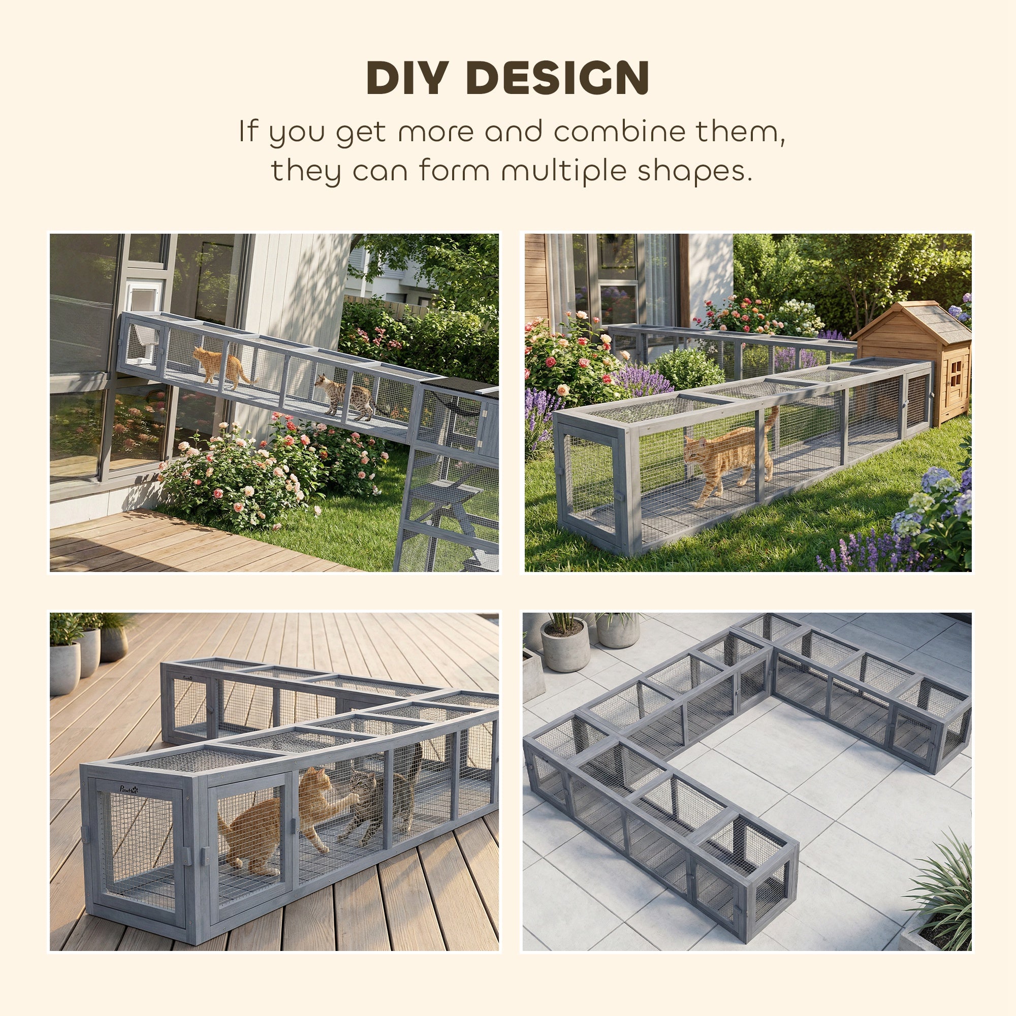 79" Long Cat Tunnel, Cat shelter L- Shape with Extendable Design for Indoor/Outdoor Use with Removable Door, Light Grey