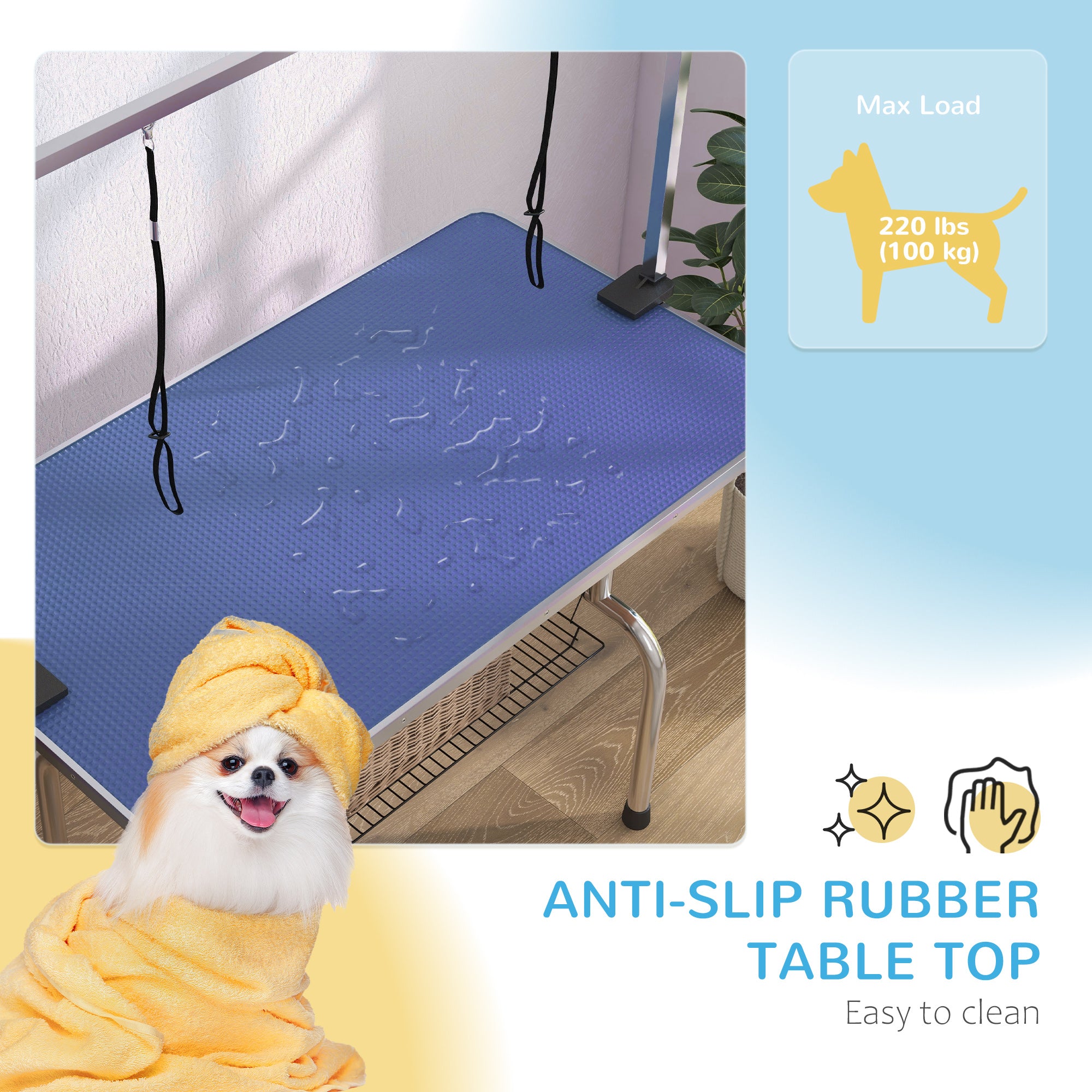 Adjustable Dog Grooming Table with 2 Safety Slings, Storage Basket, Blue