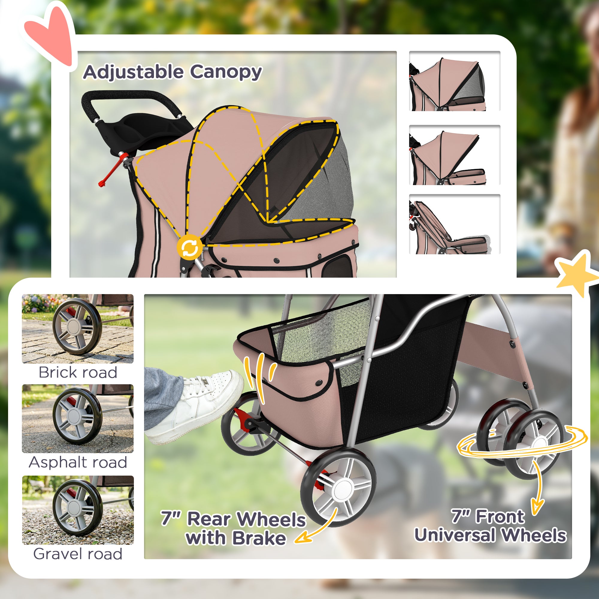Pet Stroller for Dogs & Cats, Foldable Dog Stroller with Wheels, Reflective Strips, Brake, Pad and Basket, Coffee