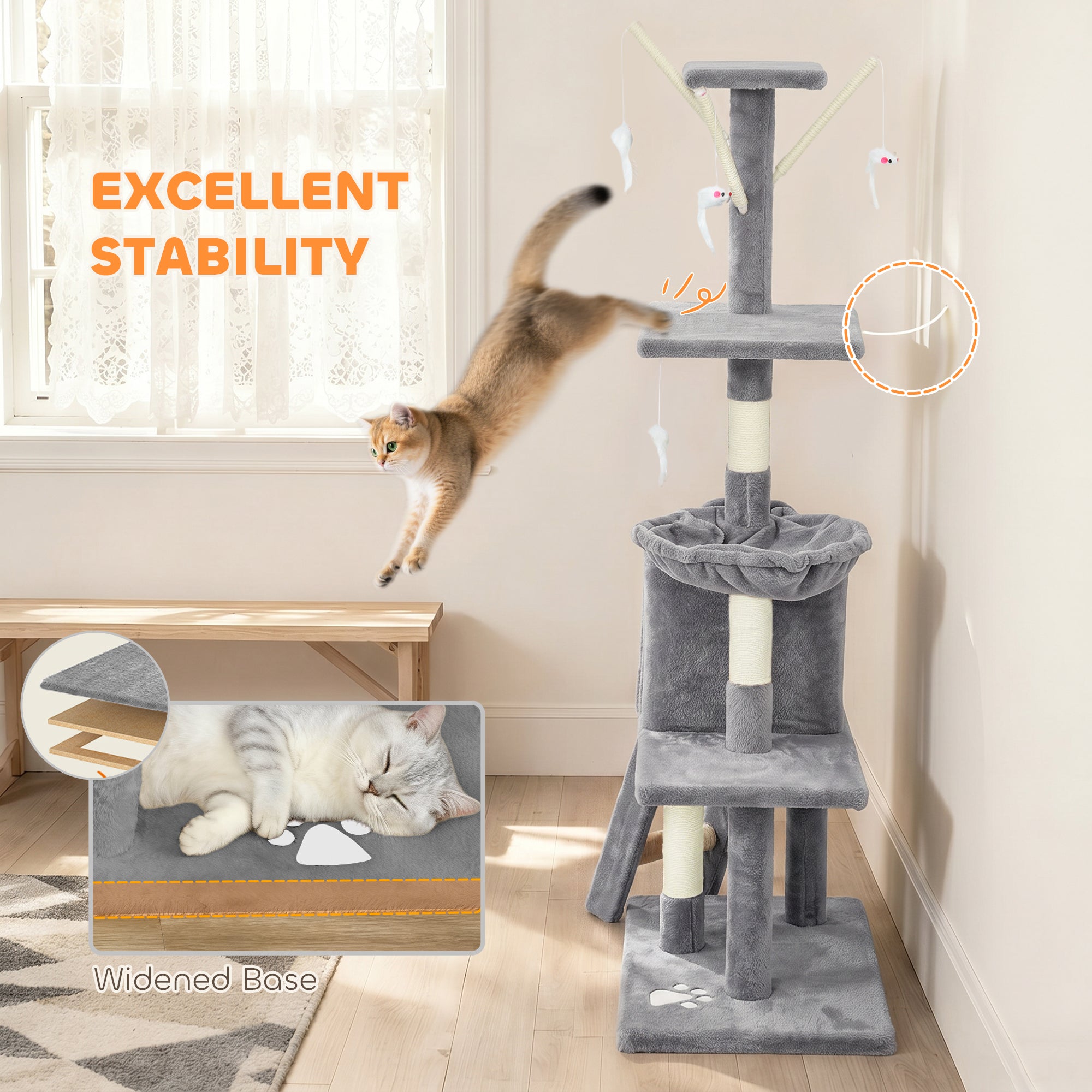 53" Cat Tree Tower, Kitten Activity Centre with Scratching Posts, Condo, Perches, Ladder, Hammock, Dangling Toys, Grey