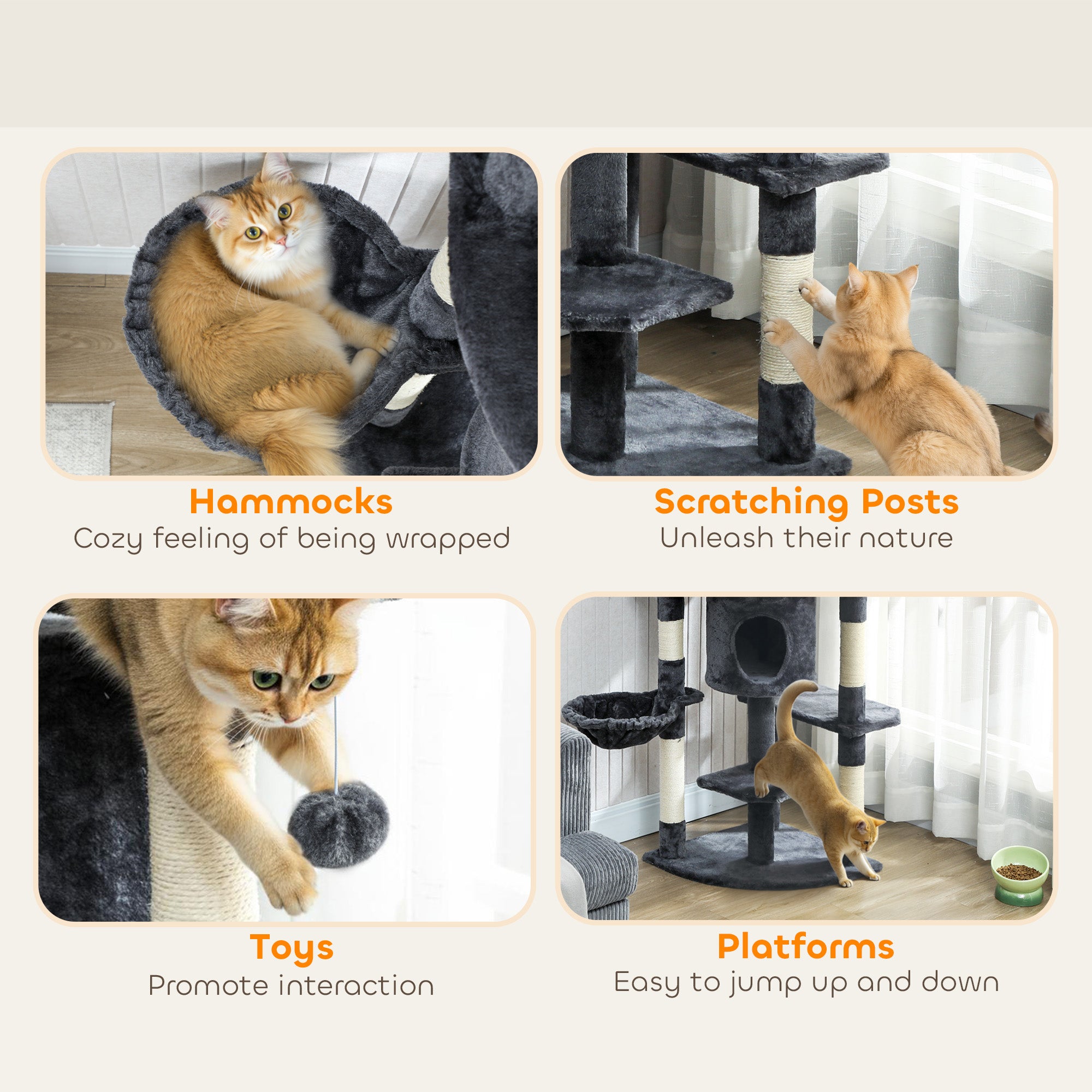 62" Cat Tree with Scratching Post, 2 Condos, Hammock, Perches, Plush, Pompoms, for Indoor Cats, Dark Grey