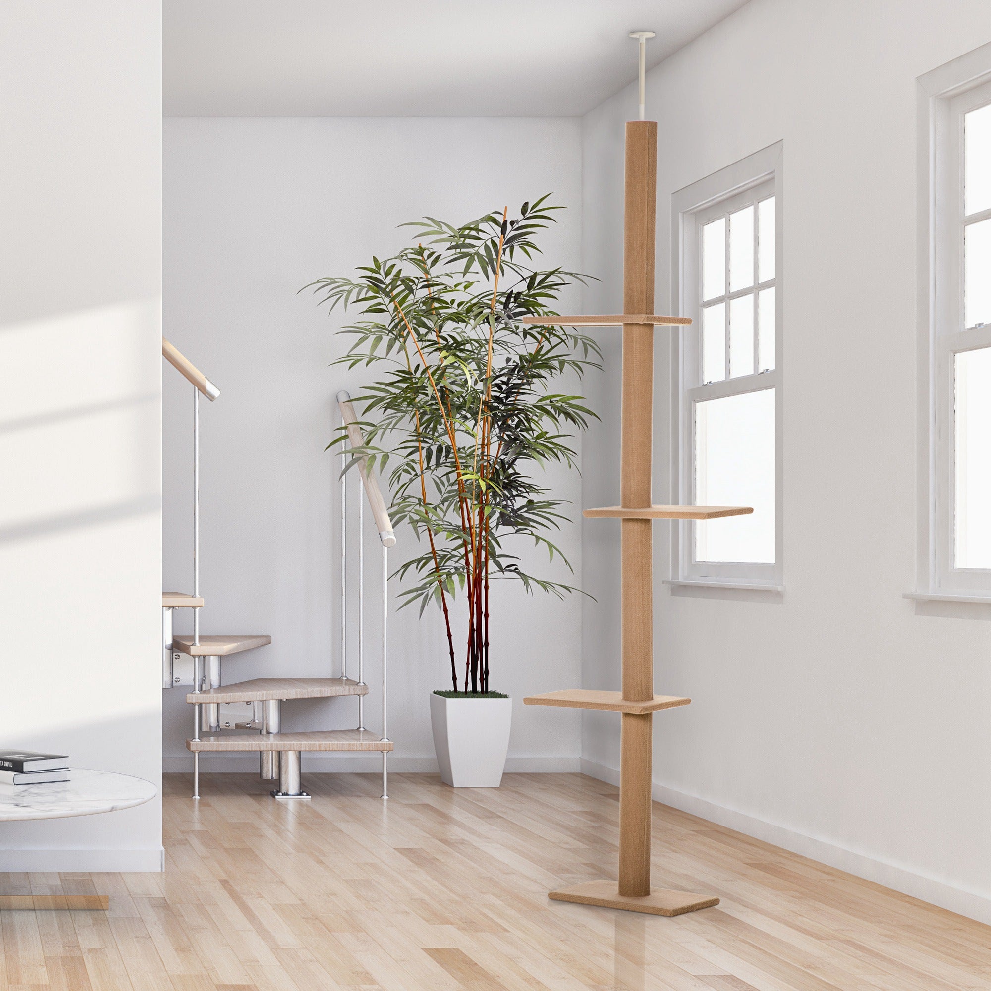 Arbre à chat de 100" du sol au plafond avec 3 perchoirs, centre d’activités pour chatons, tour et meuble pour chat, marron clair