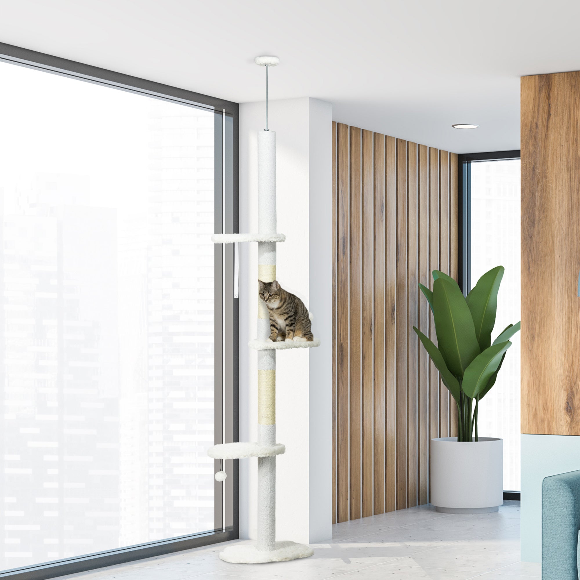 88.5"-100.5" Floor to Ceiling Cat Tree, Cat Tower with Scratching Posts, Cloud Shaped Platforms, Dangling Balls, White