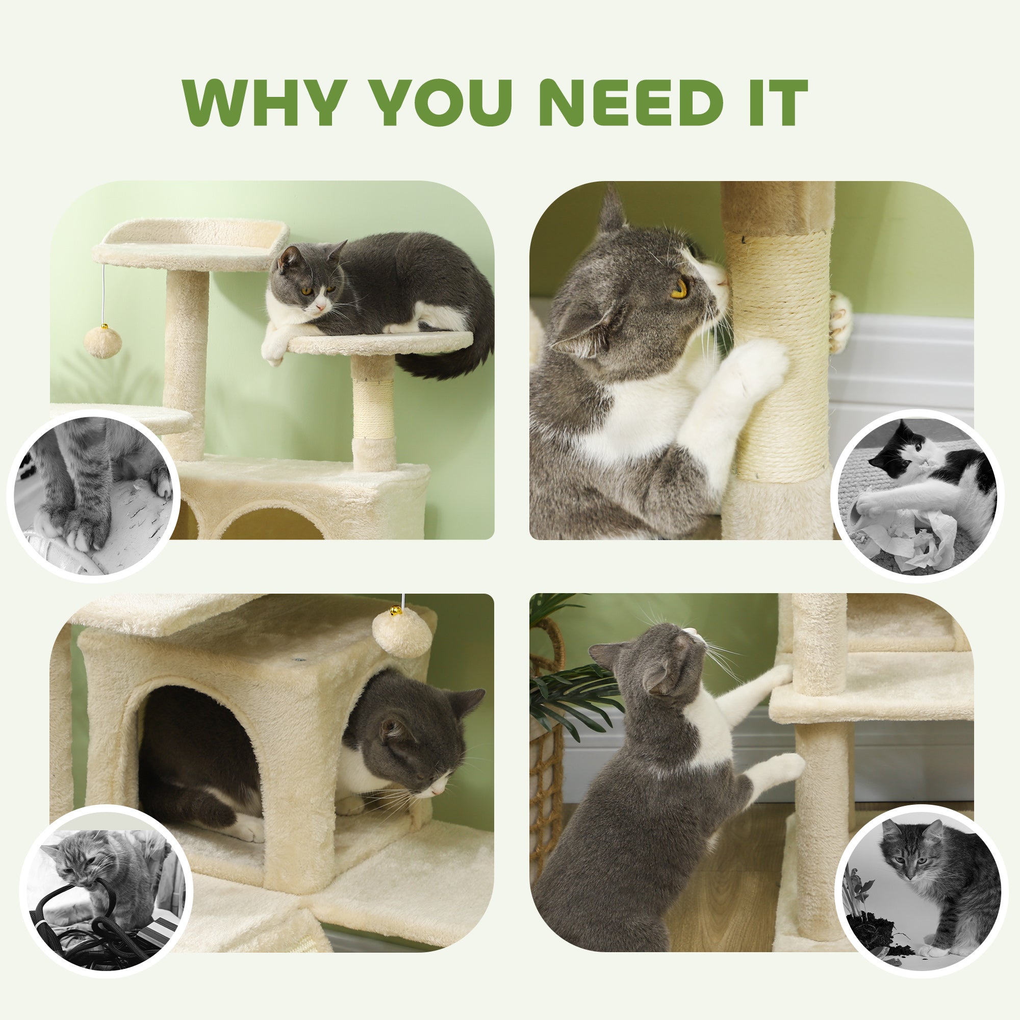 54" Cat Tree, Multi-Level Cat Tower with Scratching Posts, Cat Condos, Bed, Platforms, Ramp, Toy Ball, Beige