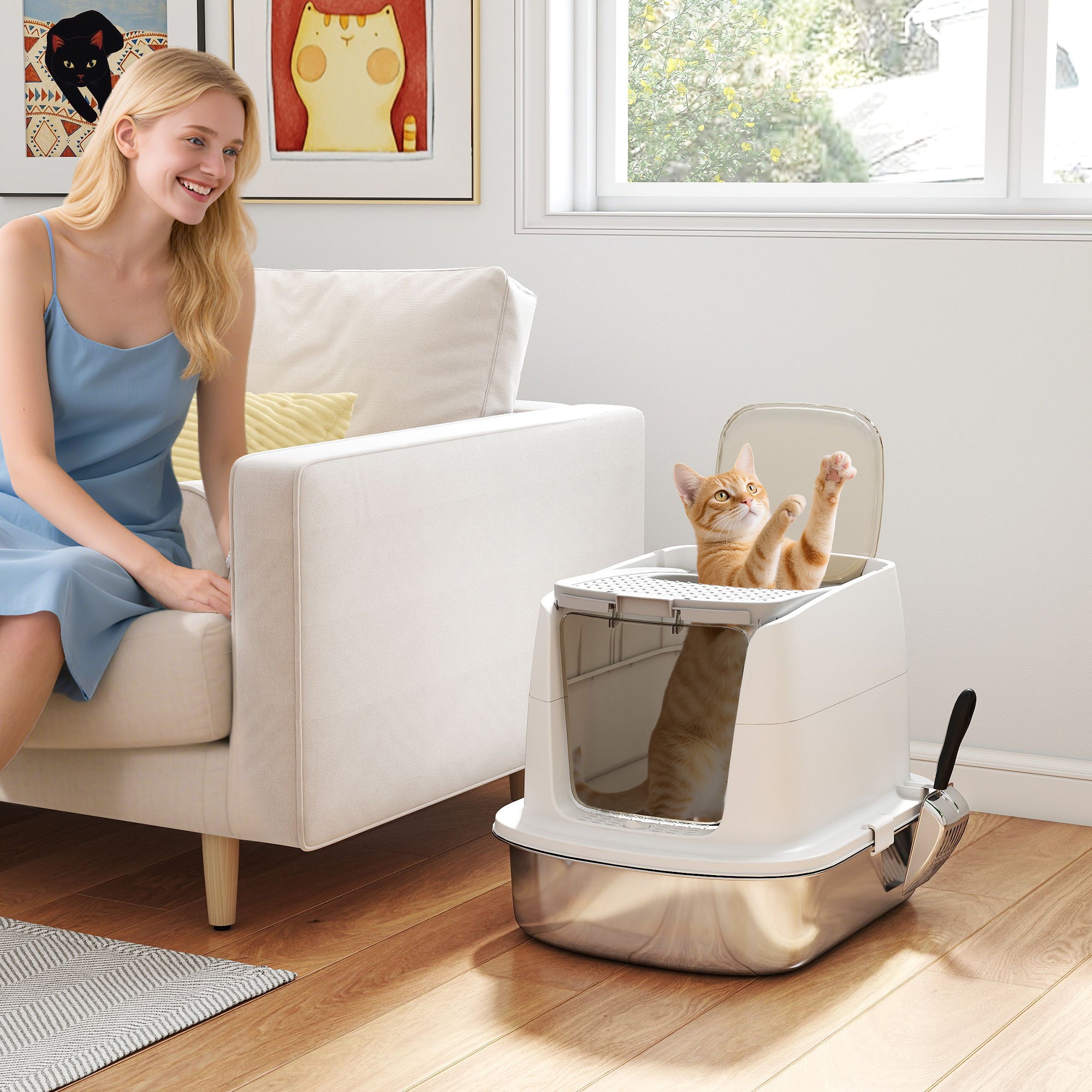 Large Stainless Steel Litter Box, Enclosed Metal Cat Litter Tray with Scoop, Deodoriser Bag, Front-Entry and Top-Exit