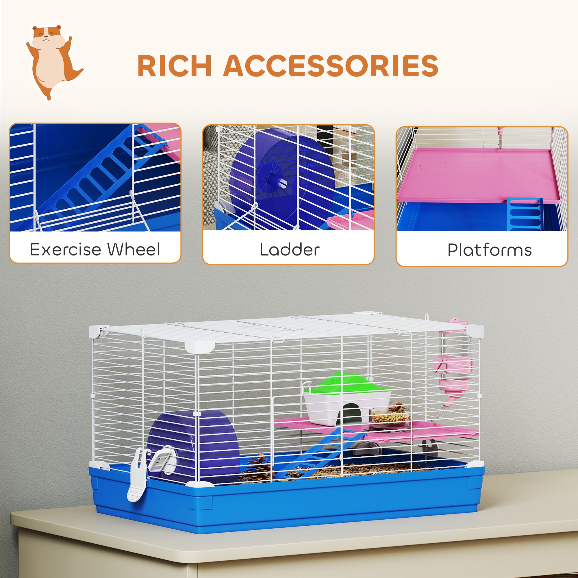 18.5" Hamster Cage with Exercise Wheel and Water Bottle Dish, Rat House and Habitats 2 Storey Design