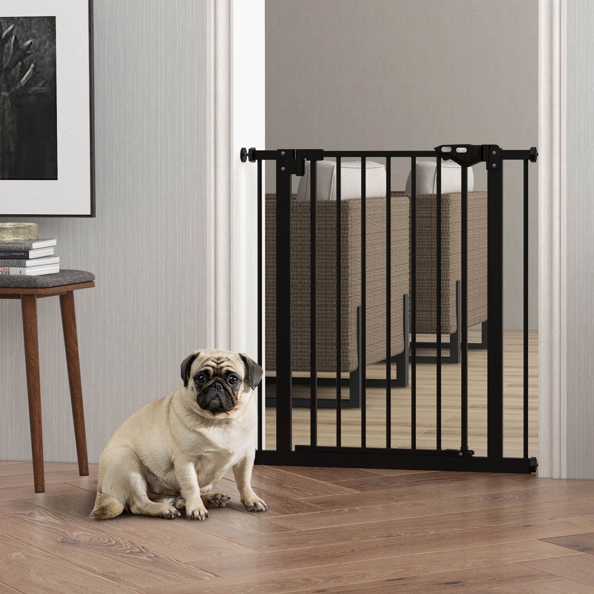30 Inch Tall Pet Gate with Door Dog Gate and Barrier Indoor for Stairs, Pressure-Mounted Safety Gate, Black