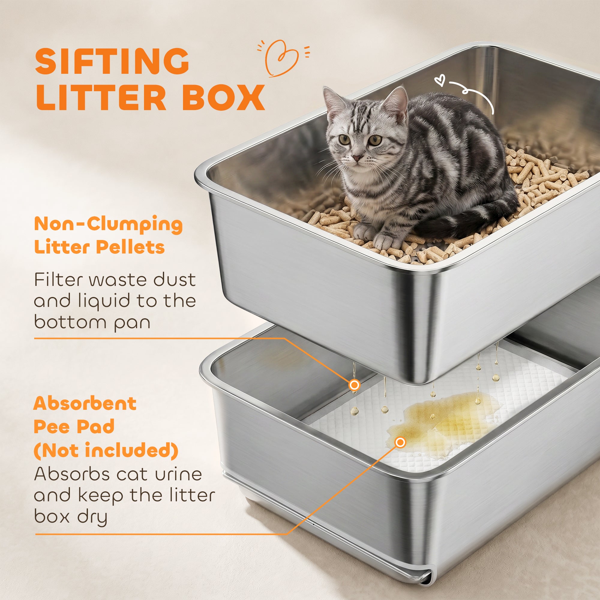 Stainless Steel Litter Box, XL Sifting Cat Litter Box for Medium and Large Cat, Non-Sticky, Odour Free, Easy Clean