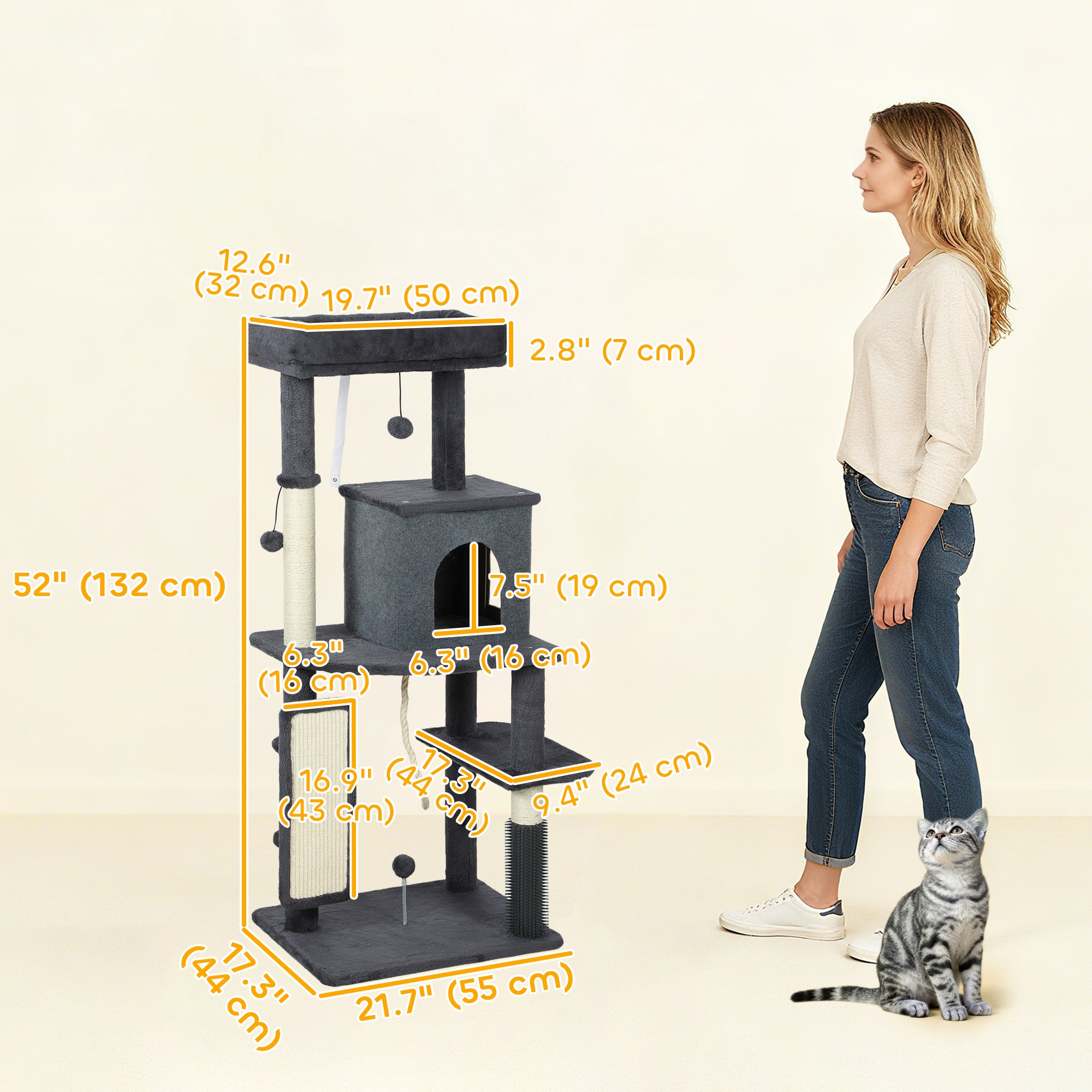 52 Inch Cat Tree with Scratching Posts, Cat Bed, Condo, Grooming Brush, Jumping Platforms, Toy Balls, Anti-tip Kit