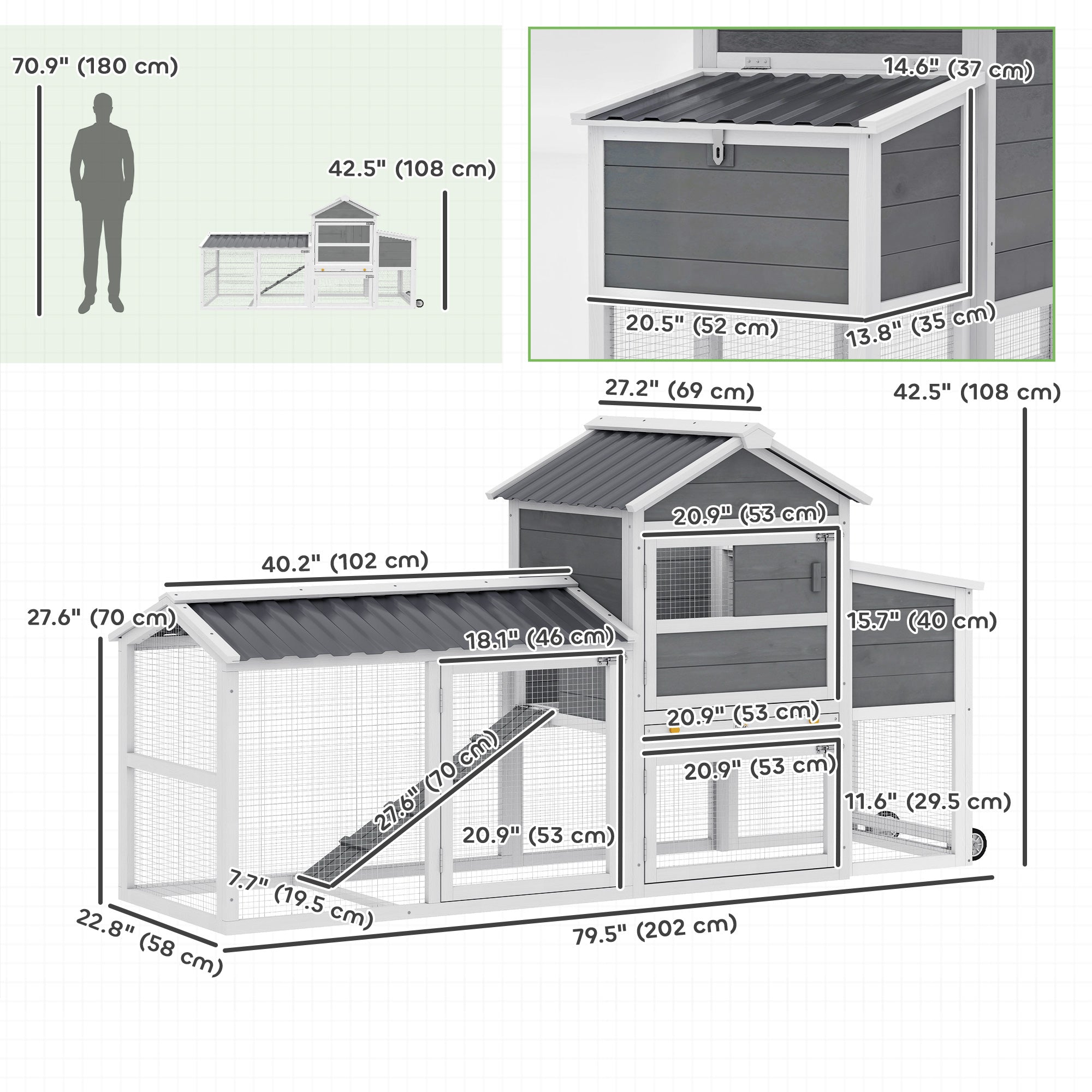Poulailler mobile avec roues, 80" L, avec parcours, poulailler extérieur en bois avec pondoir, plateau et rampe