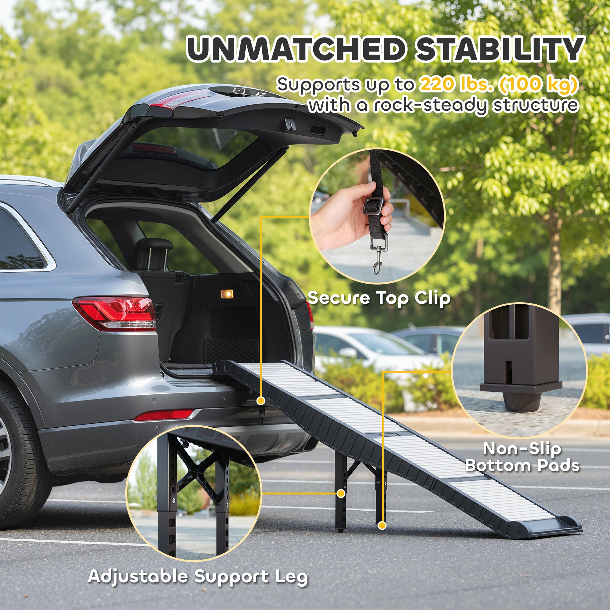 Foldable Dog Car Ramp with Support Leg, Non-Slip TPR Surface, 69" x 15.7", for Small to Large Dogs Up to 220LBS