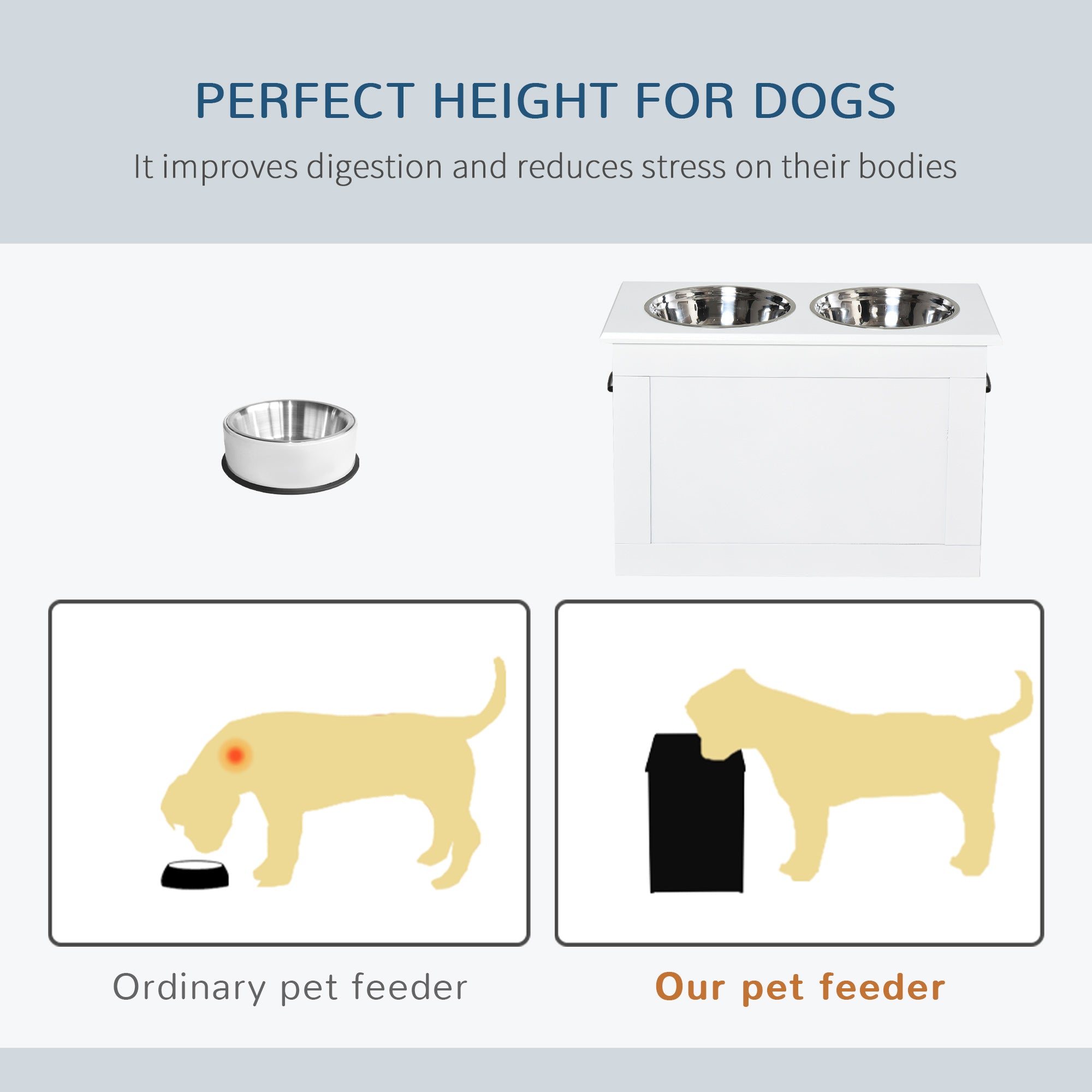 Mangeoire surélevée pour grands animaux avec rangement, fonction de coin repas pour chien, 2 gamelles en acier inoxydable, base surélevée pour grands chiens et autres grands animaux, blanche