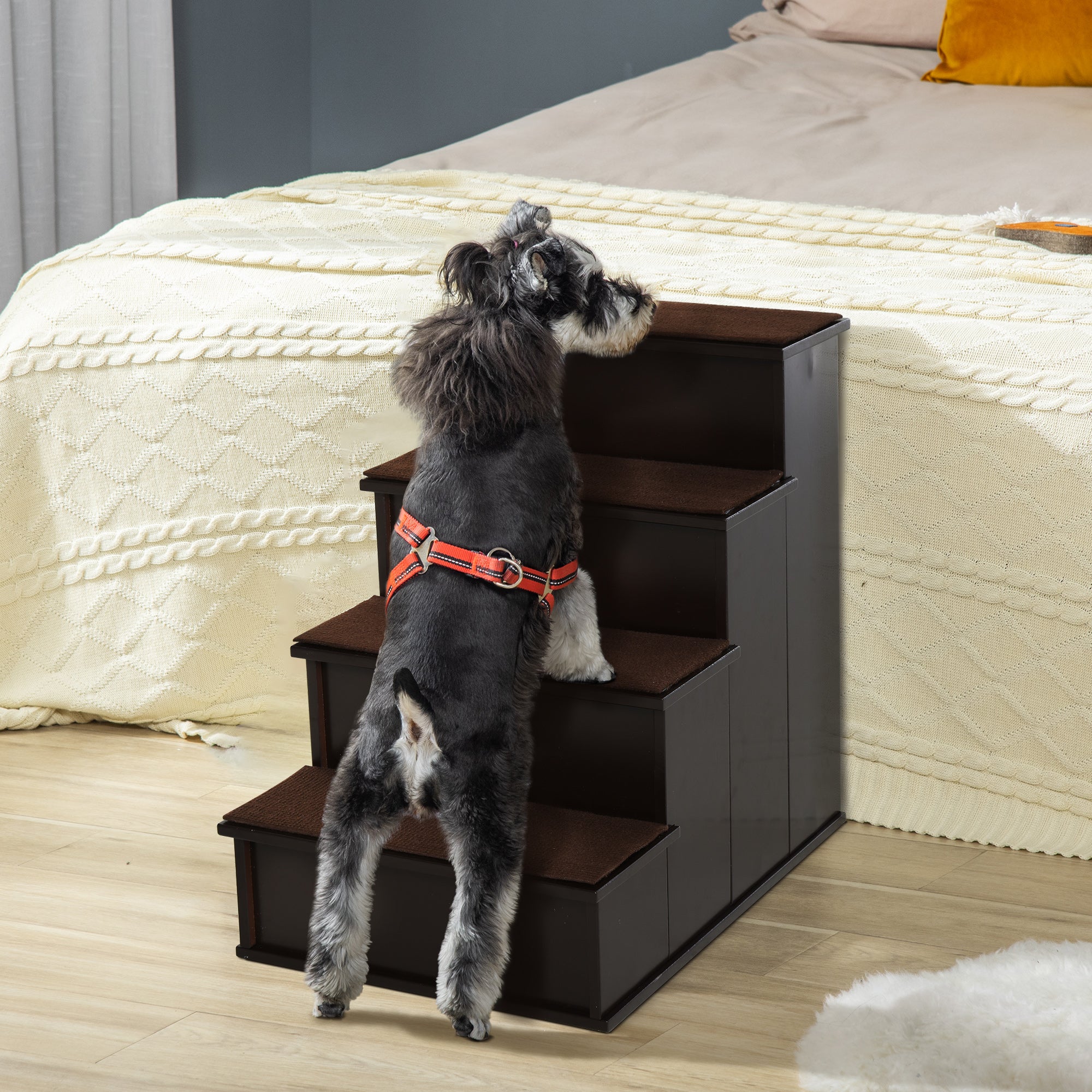 Escalier en bois à 4 marches pour chien, marches pour animaux pour lit haut, échelle pour chat pour lit ou canapé avec moquette antidérapante, café foncé