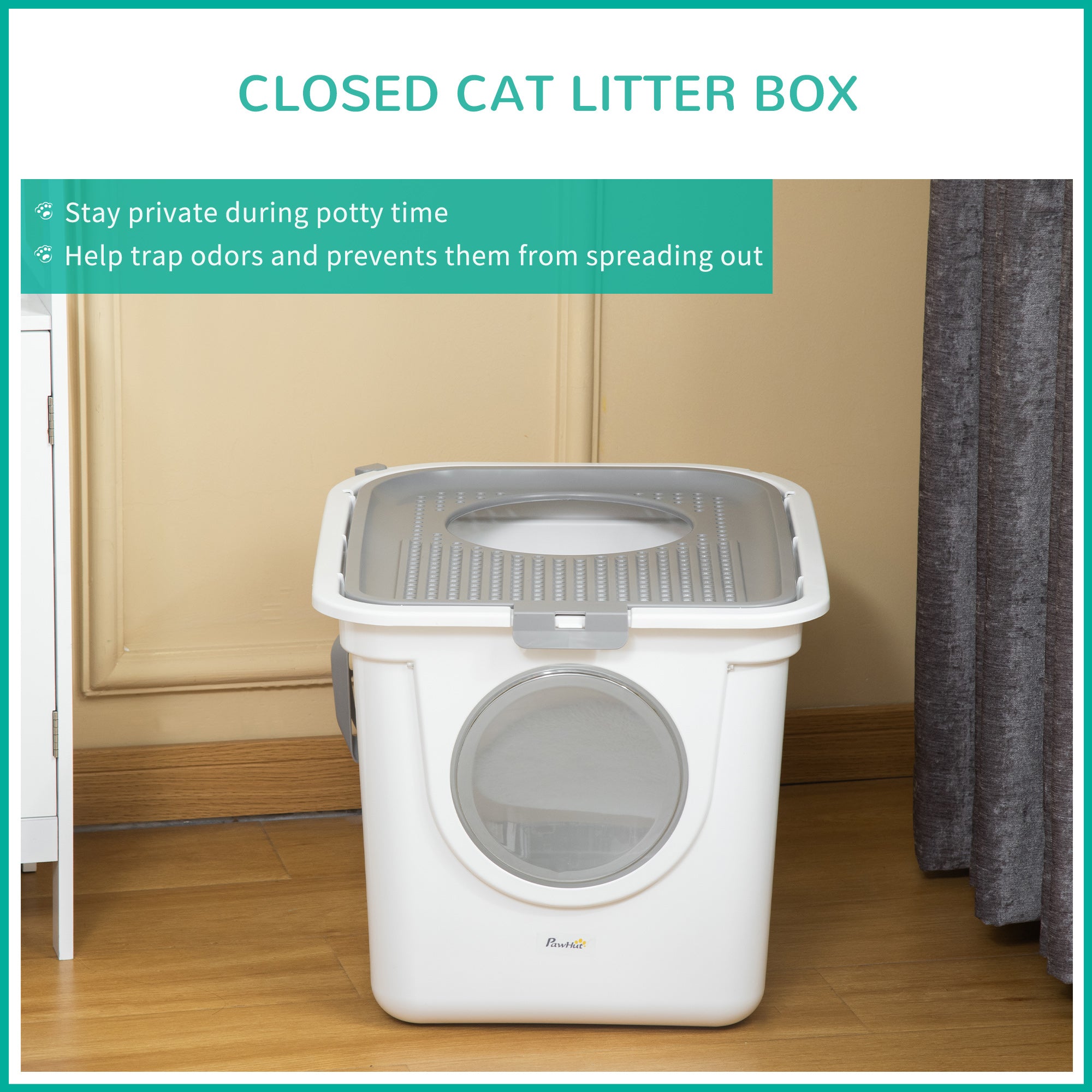 Bac à litière fermé pour chat, nettoyage facile, avec entrée avant, sortie supérieure et pelle, blanc