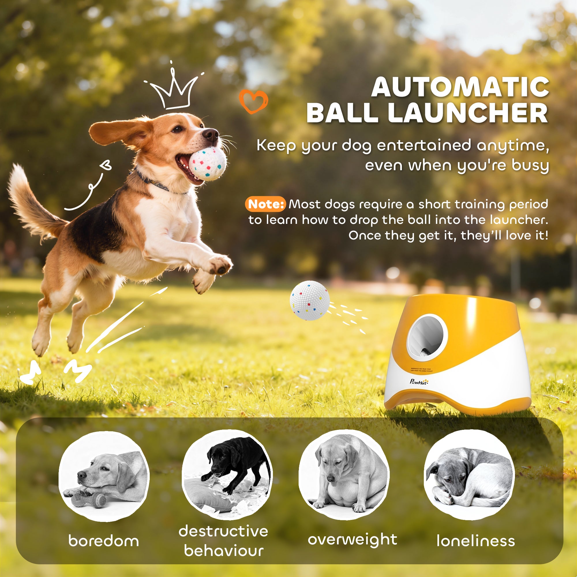 Automatic Dog Ball Launcher with 5 ETPU Balls 2.3", 3 Distance Settings 20ft, 33ft, 46ft, Orange