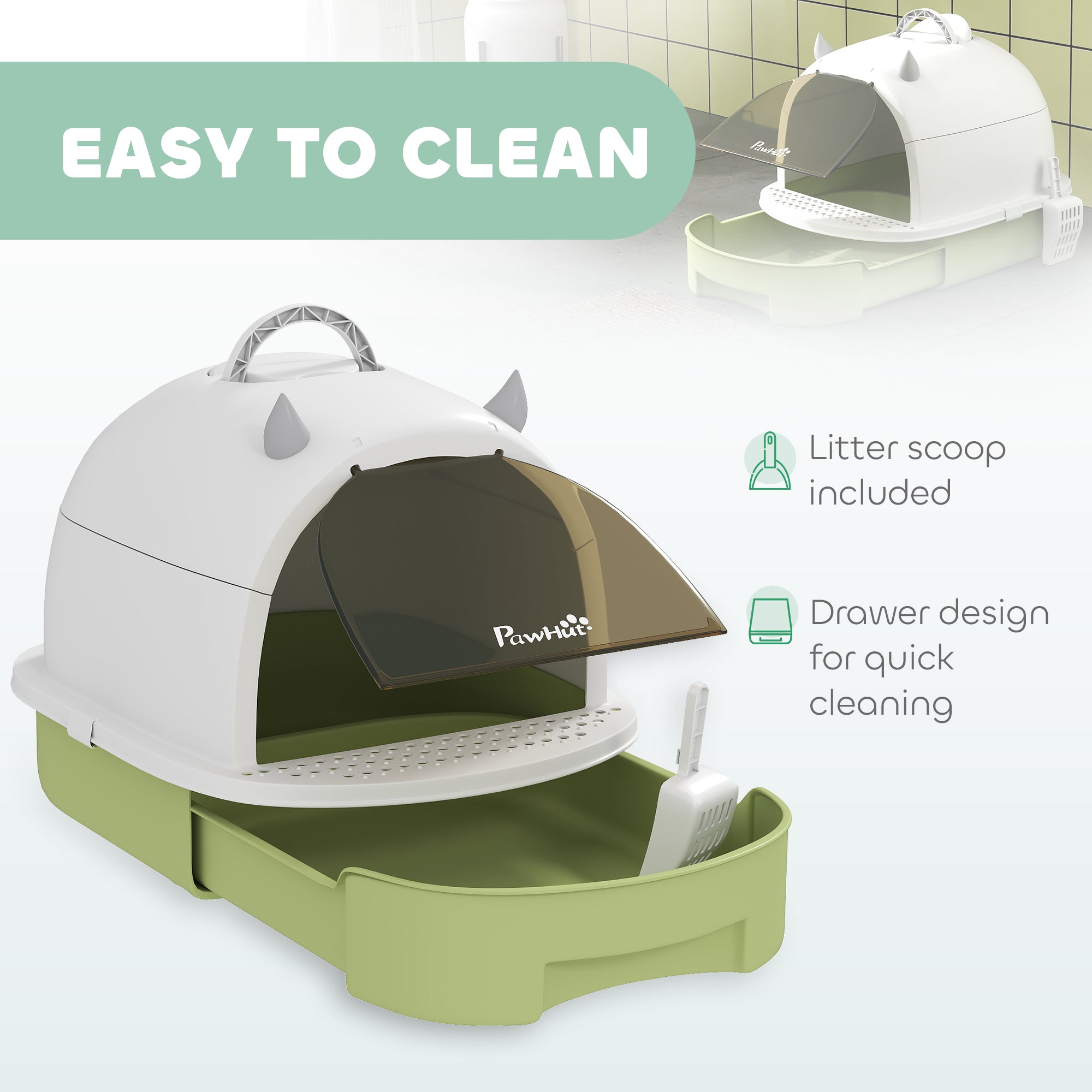 Cat Litter Box with Lid, Front Door Flap, Scoop, Handle, Easy Clean, for Small and Medium Cats, Green
