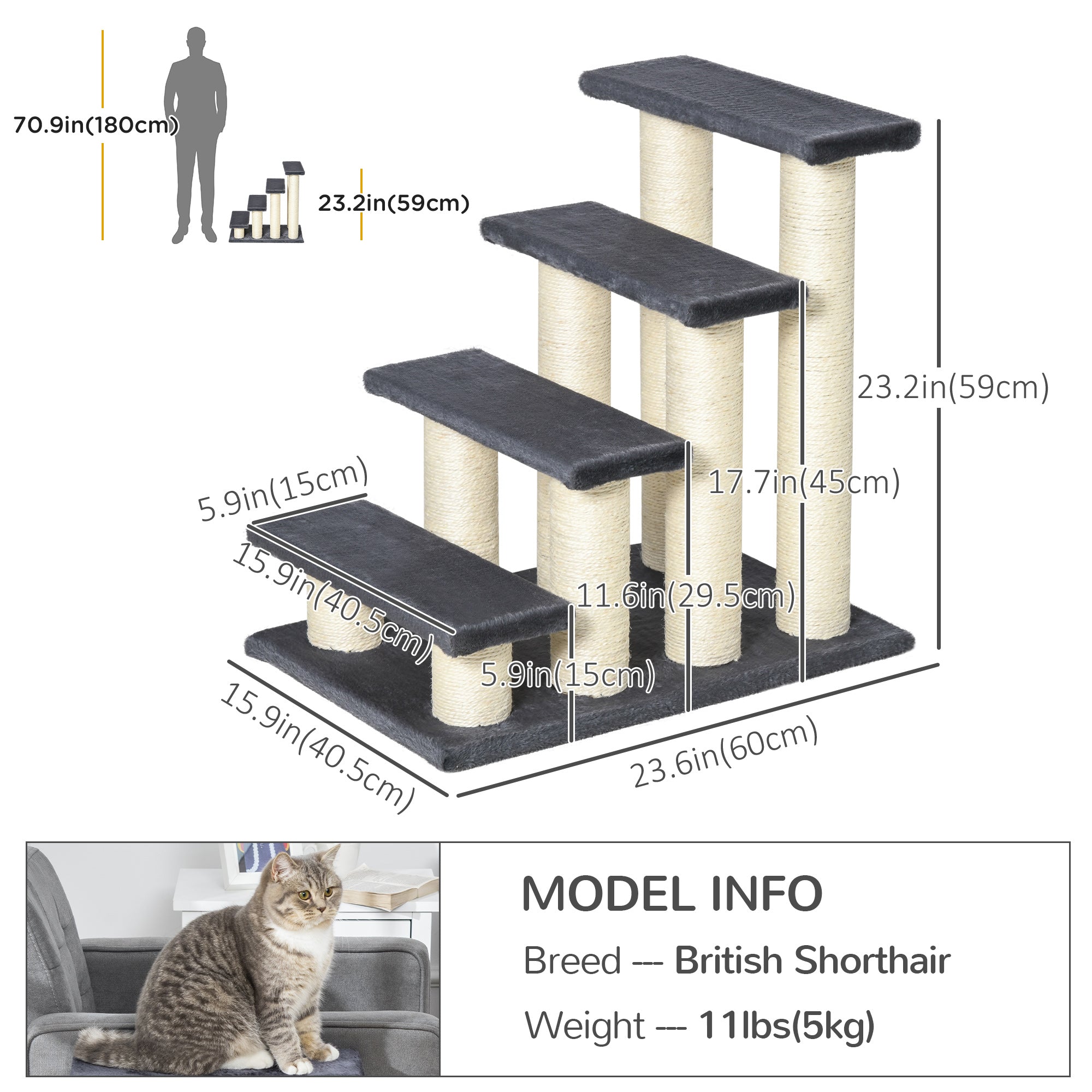 Arbre à chat à 4 niveaux, escalier pour animaux, 4 marches pour chiens et chats, poteau à griffer pour chatons, meuble à griffer pour chats, gris foncé