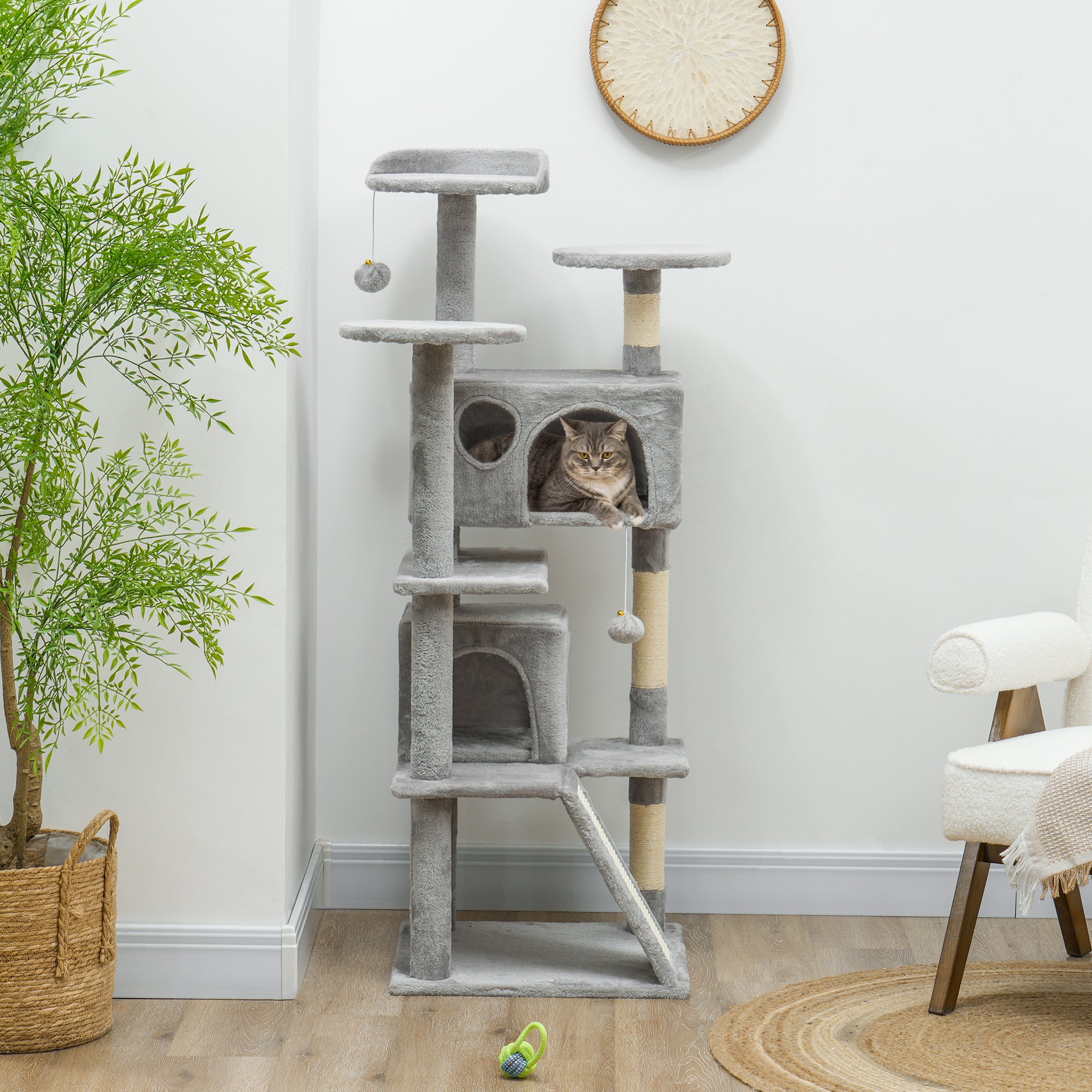 54" Cat Tree, Multi-Level Cat Tower with Scratching Posts, Cat Condos, Bed, Platforms, Ramp, Toy Ball, Light Grey