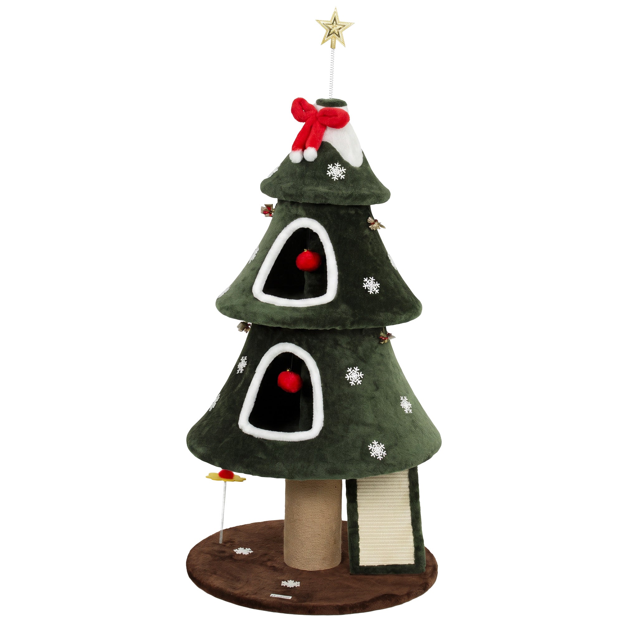 Arbre à chat de Noël de 52", tour pour chat à 2 niveaux avec deux niches, poteaux à griffer, échelle en sisal et corde anti-basculement