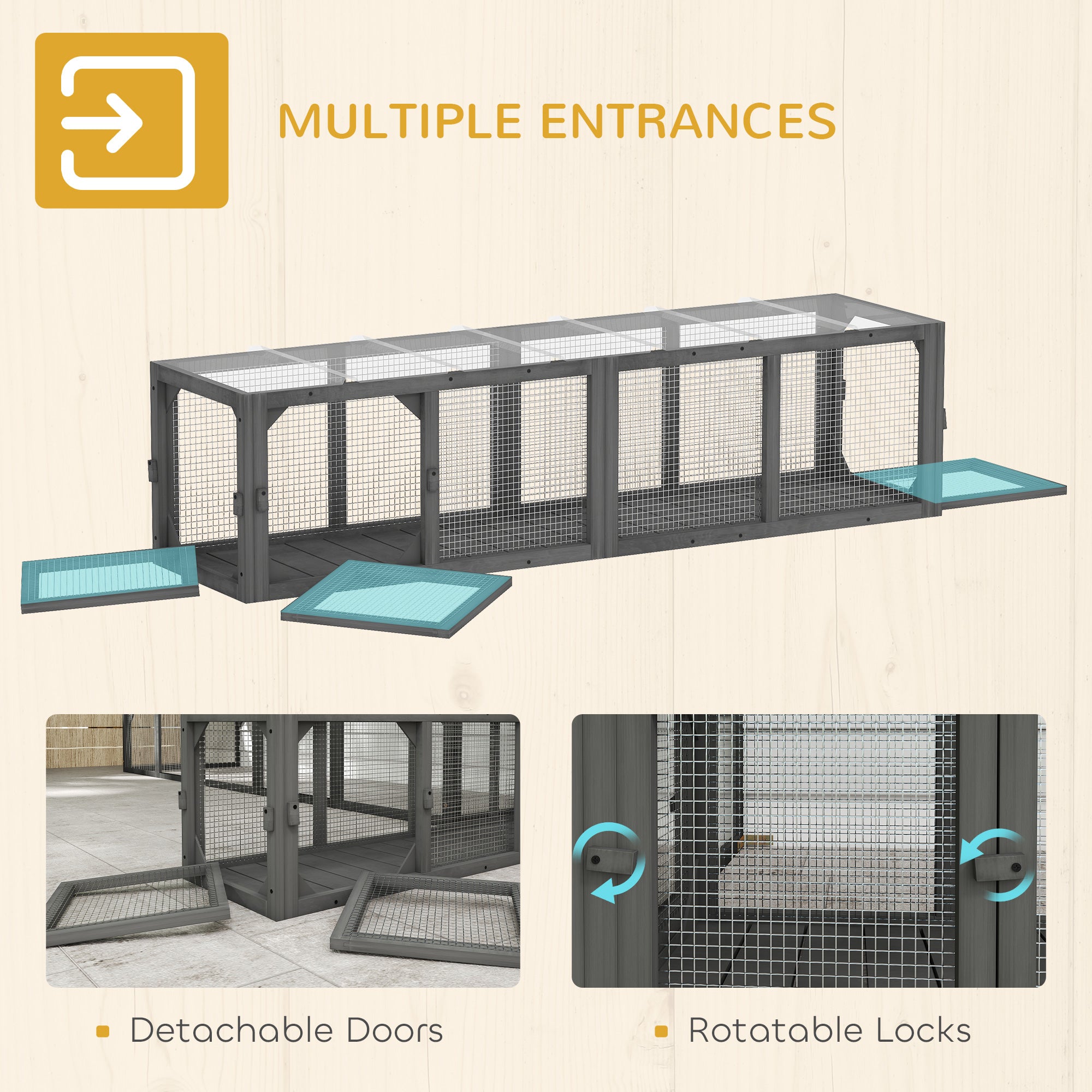 Outdoor Cat Tunnel, Wooden Play Cat Enclosure, Extendable Pet Run with 3 Doors, for Indoor and Outdoor Use, Grey
