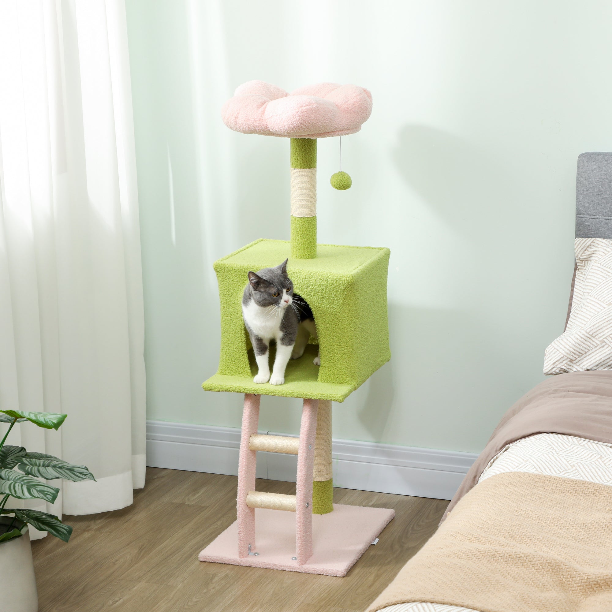 48" Flower Cat Tree with Scratching Post, Cozy Bed, Condo, Climbing Ladder, Perch, Dangling Ball, Green