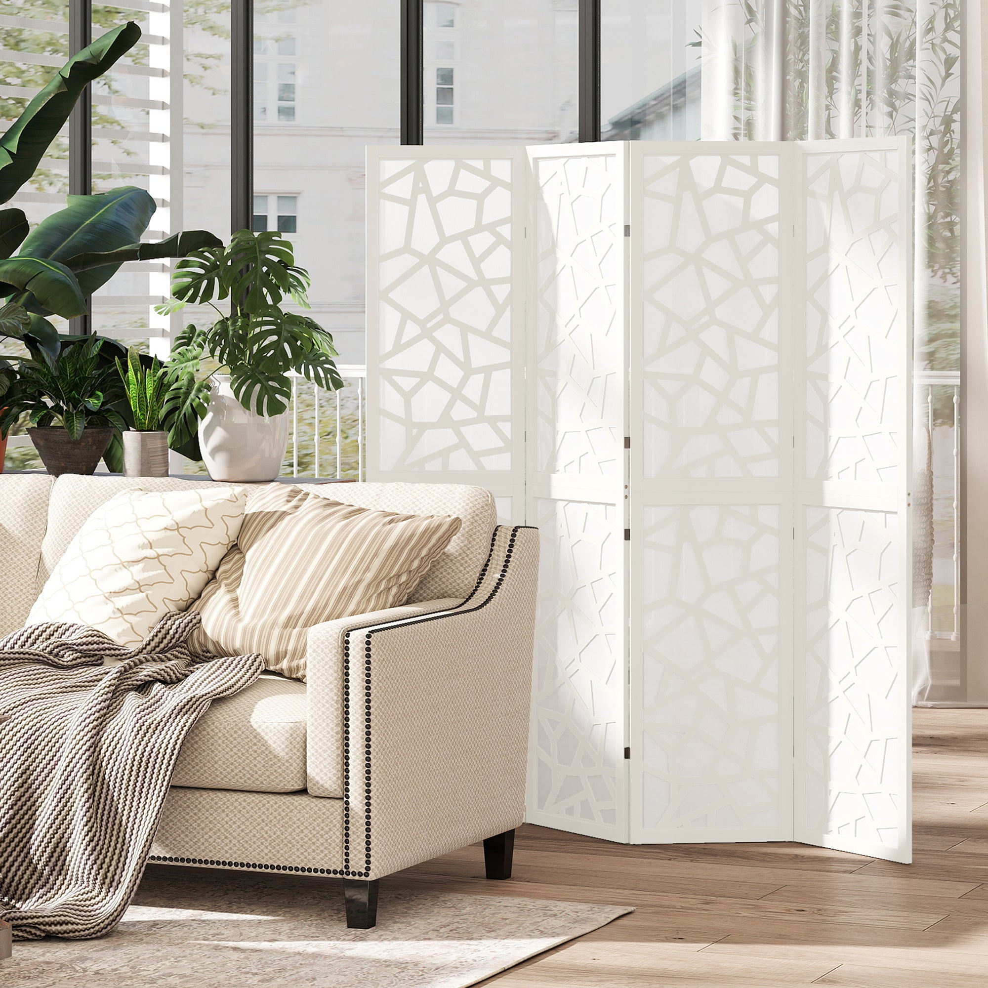 4 Panel Room Divider, 5.6 FT Lightweight Folding Privacy Screen with Geometric Pattern for Living Room, Bedroom, White