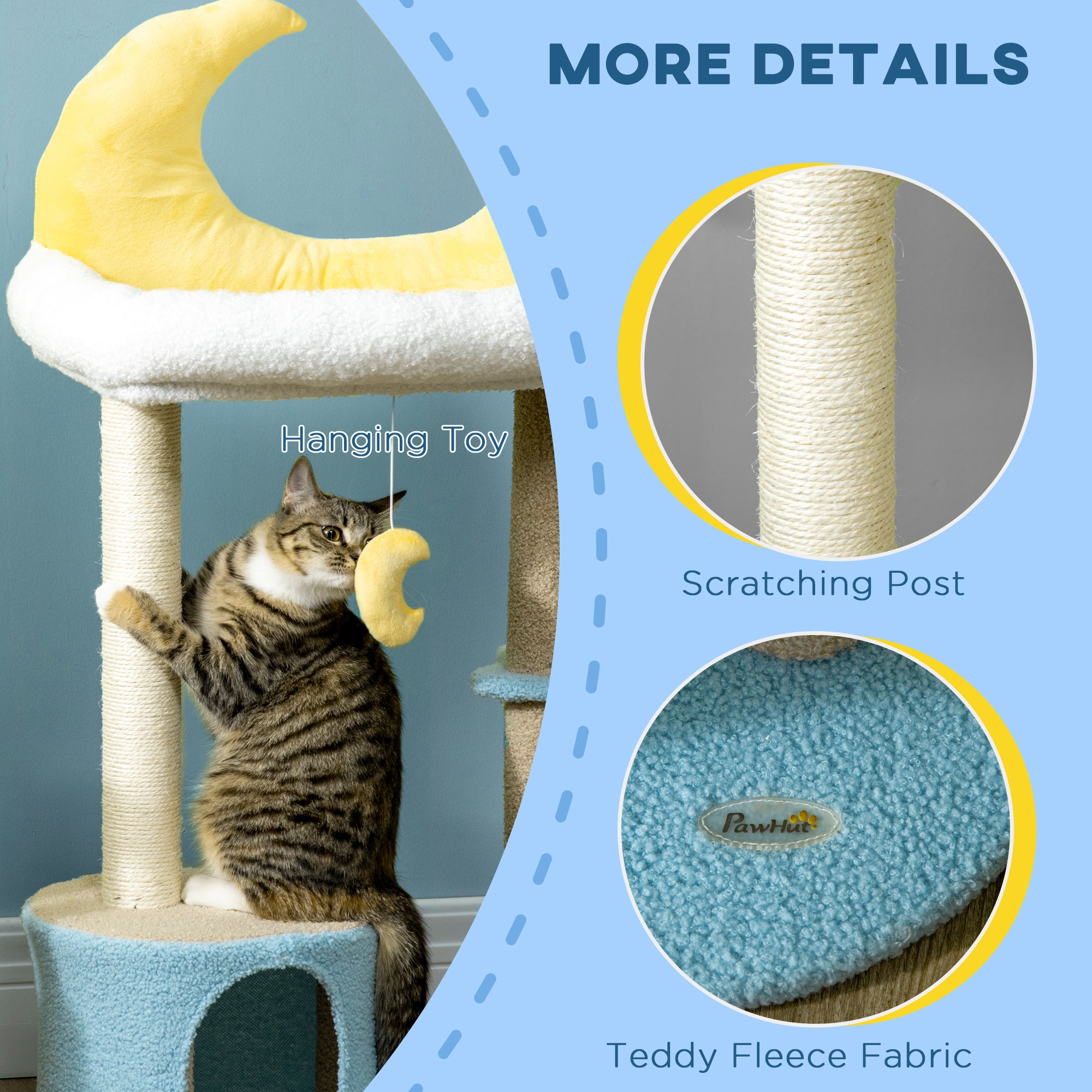 Moon Cat Tower for Indoor Cats with Teddy Fleece House Bed Scratching Post Hanging Toy Star Platform 41" Blue