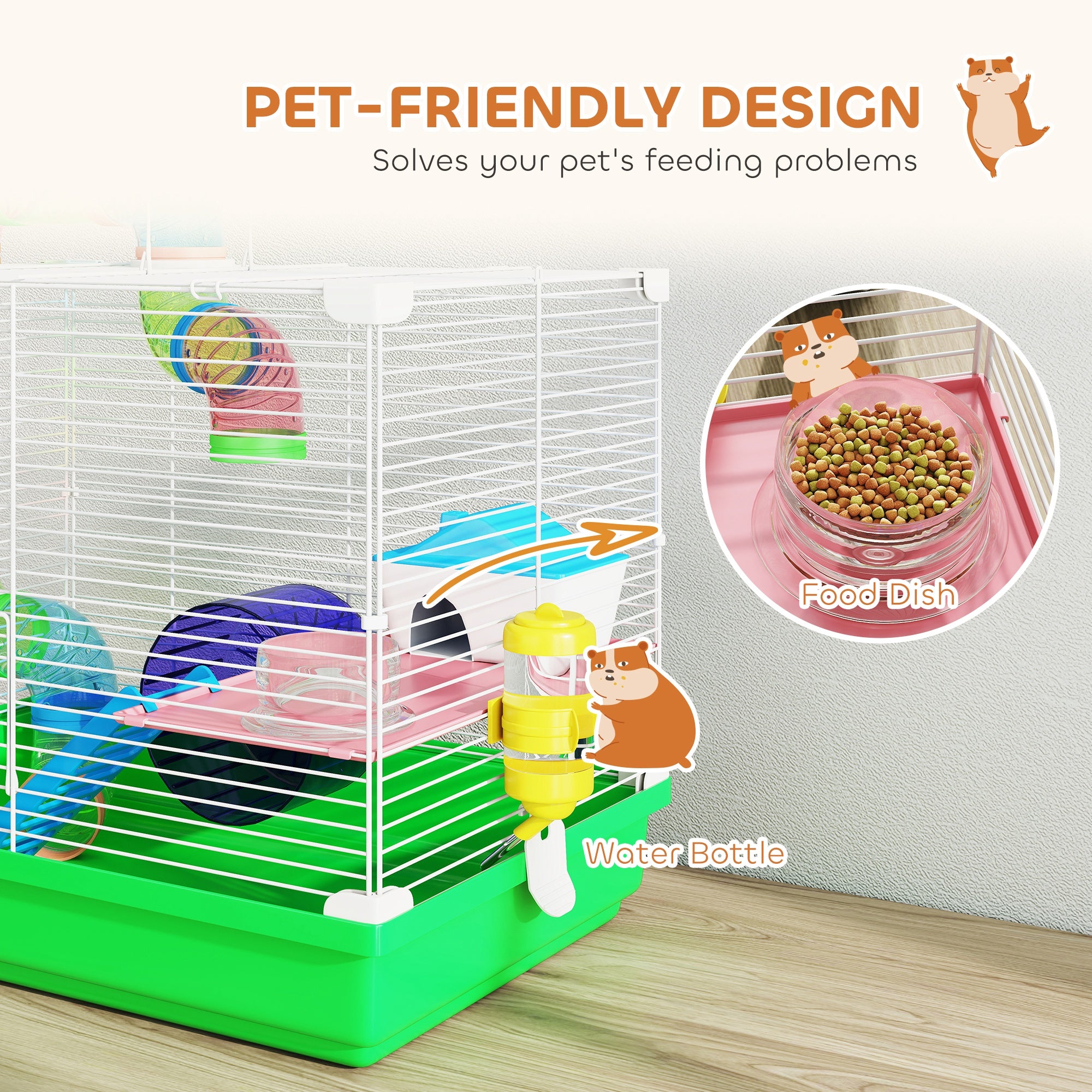 18"L Hamster Cage, Small Animal House, 2-Level Rat Gerbil Haven with Tunnel Tube System, Green