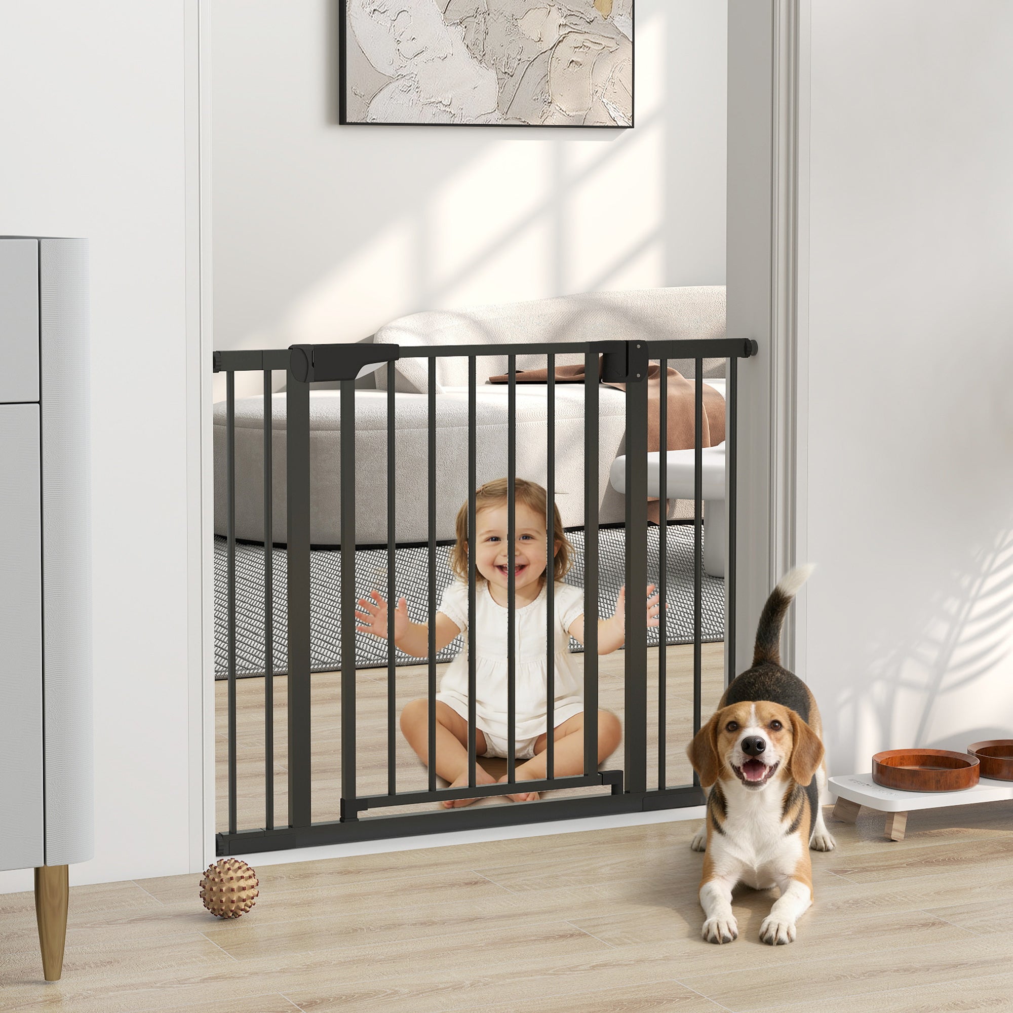 Baby Gate, Pet Safety Gate Pressure Fit, 30"-40" Wide with Two-Way Open, Auto-Close for Stair, Doorways, Hallways, Black